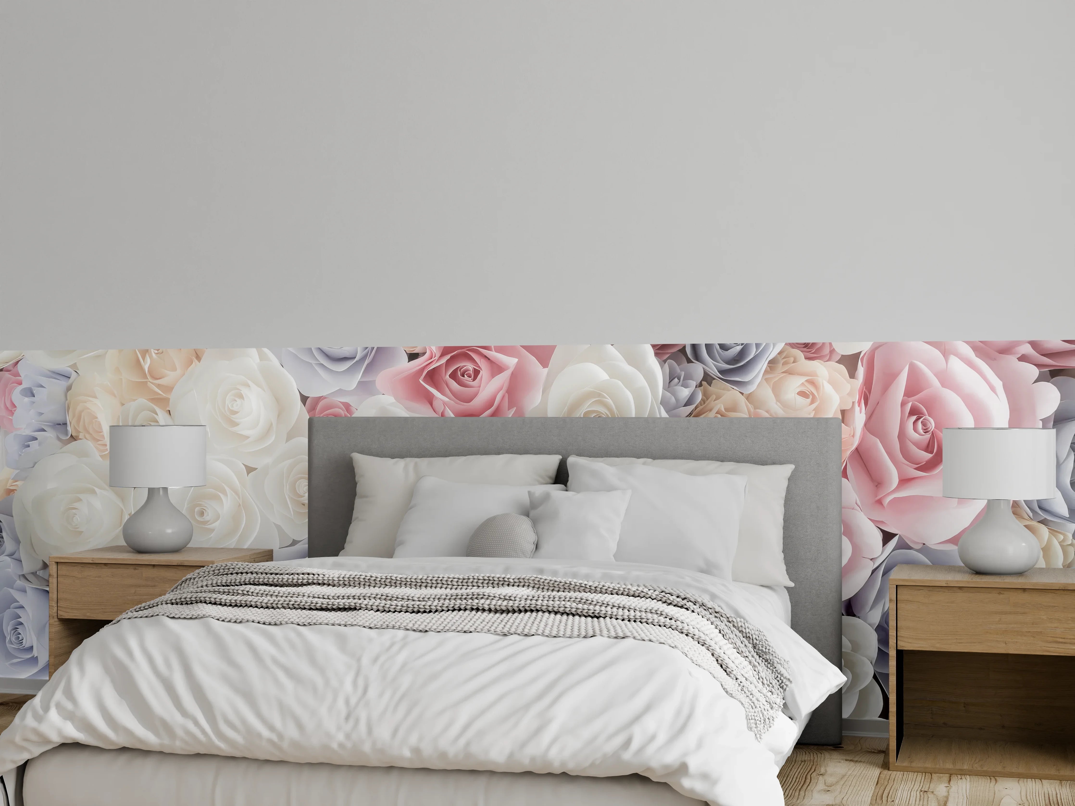 Wandverkleidung Schlafzimmer - Rosenwand in Pastell – Weiß, Rosa & Grau