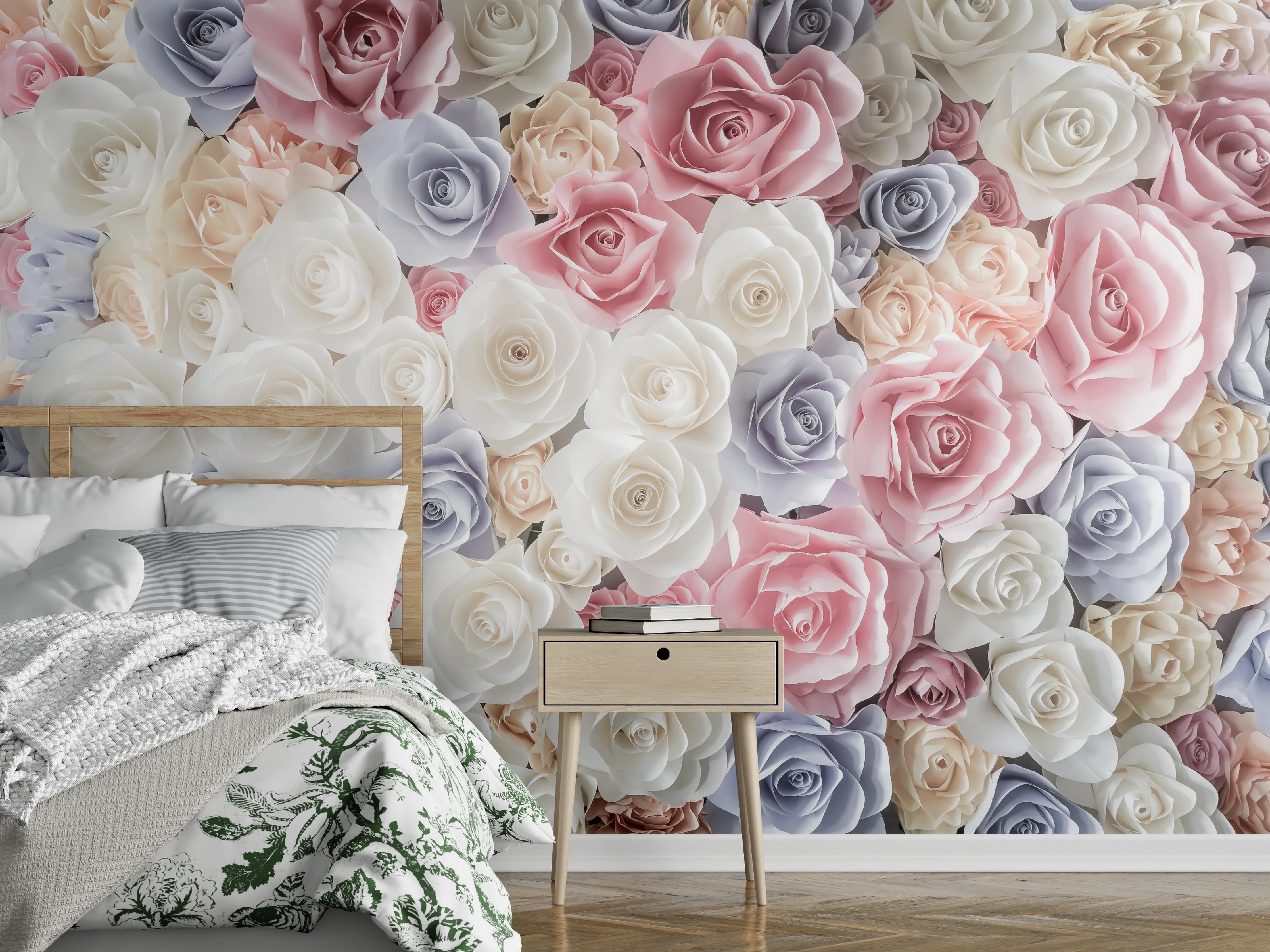Wandverkleidung Schlafzimmer - Rosenwand in Pastell – Weiß, Rosa & Grau