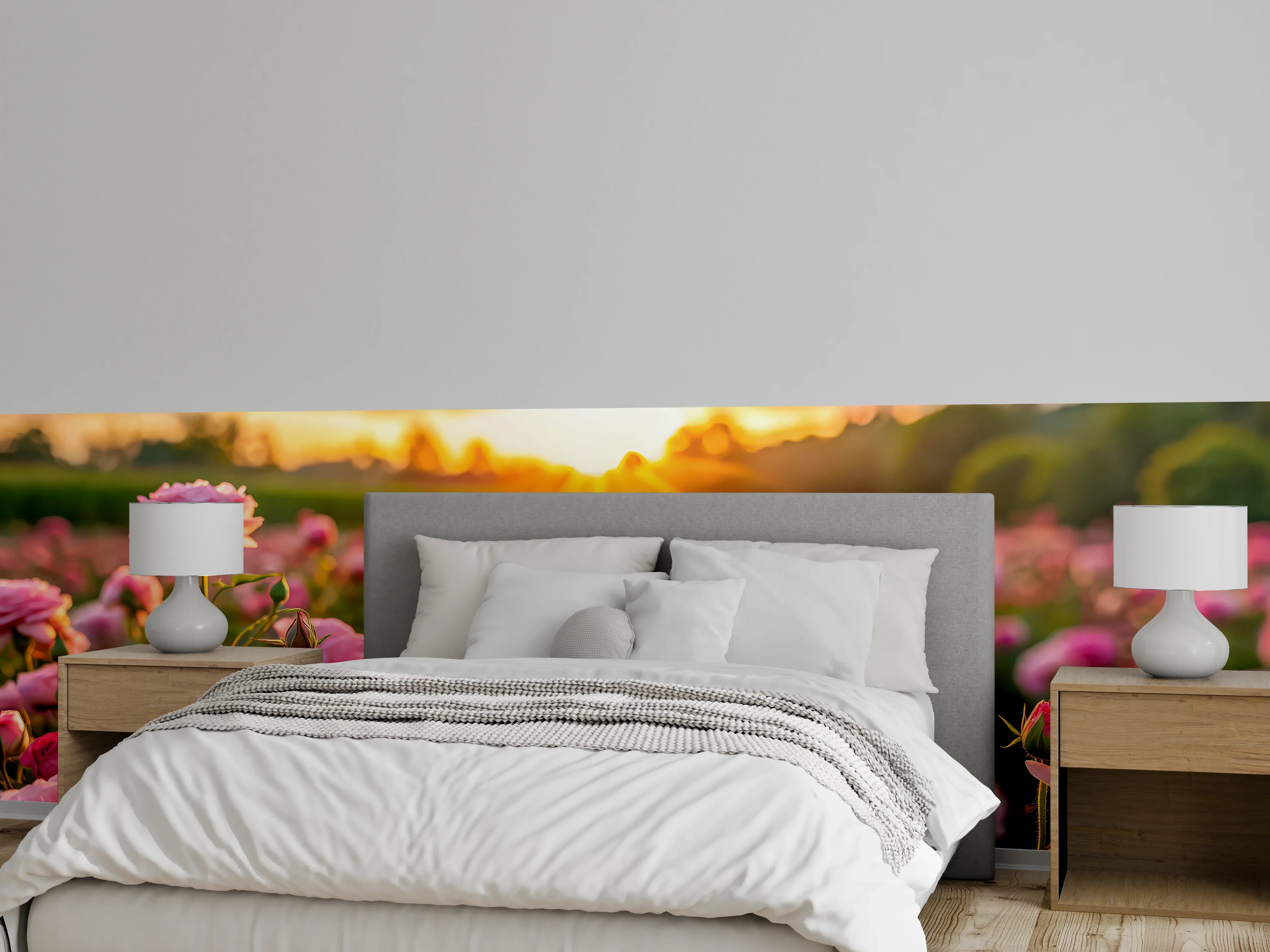 Wandverkleidung Schlafzimmer - Rosenwiese bei Sonnenuntergang