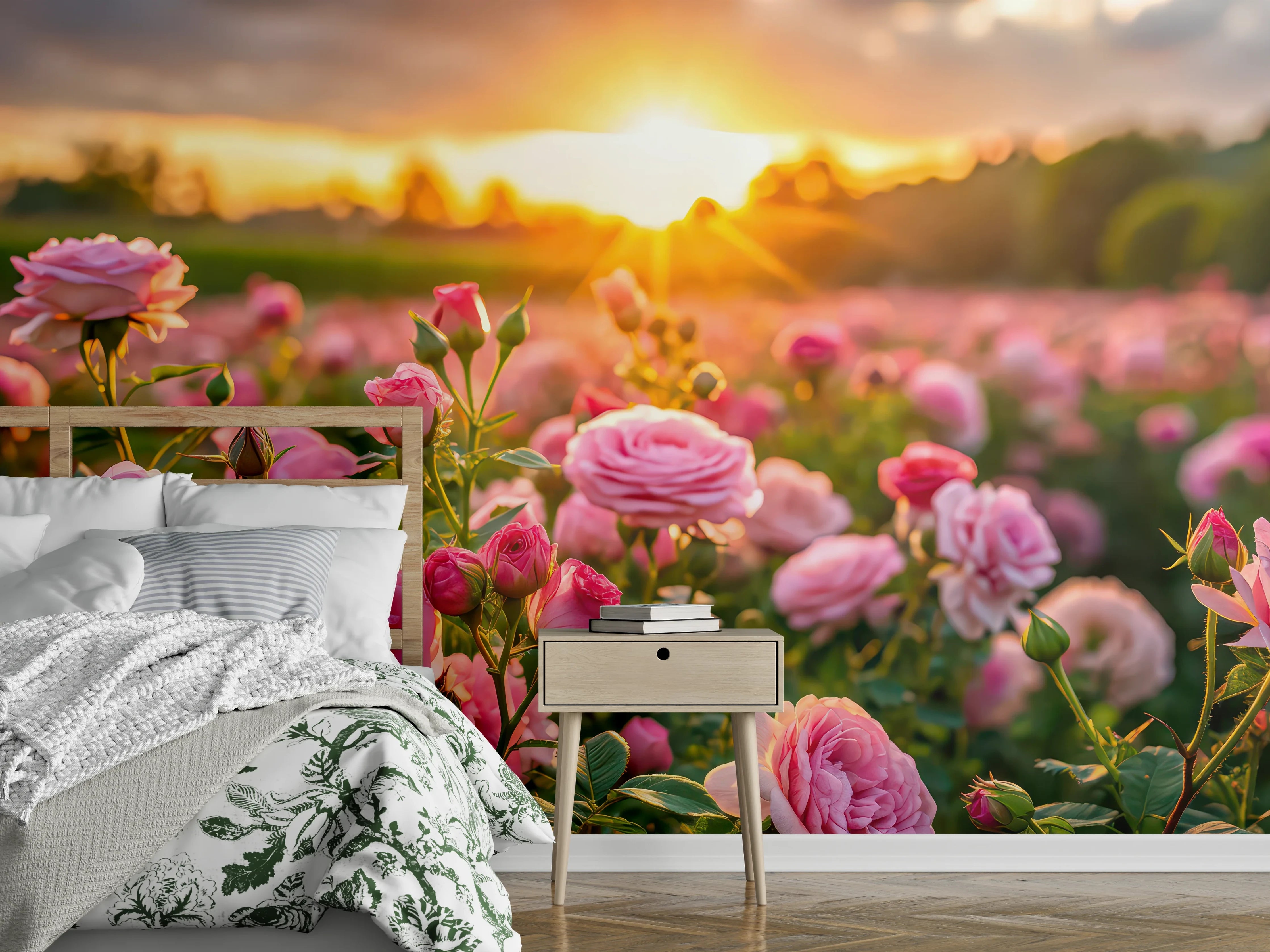 Wandverkleidung Schlafzimmer - Rosenwiese bei Sonnenuntergang