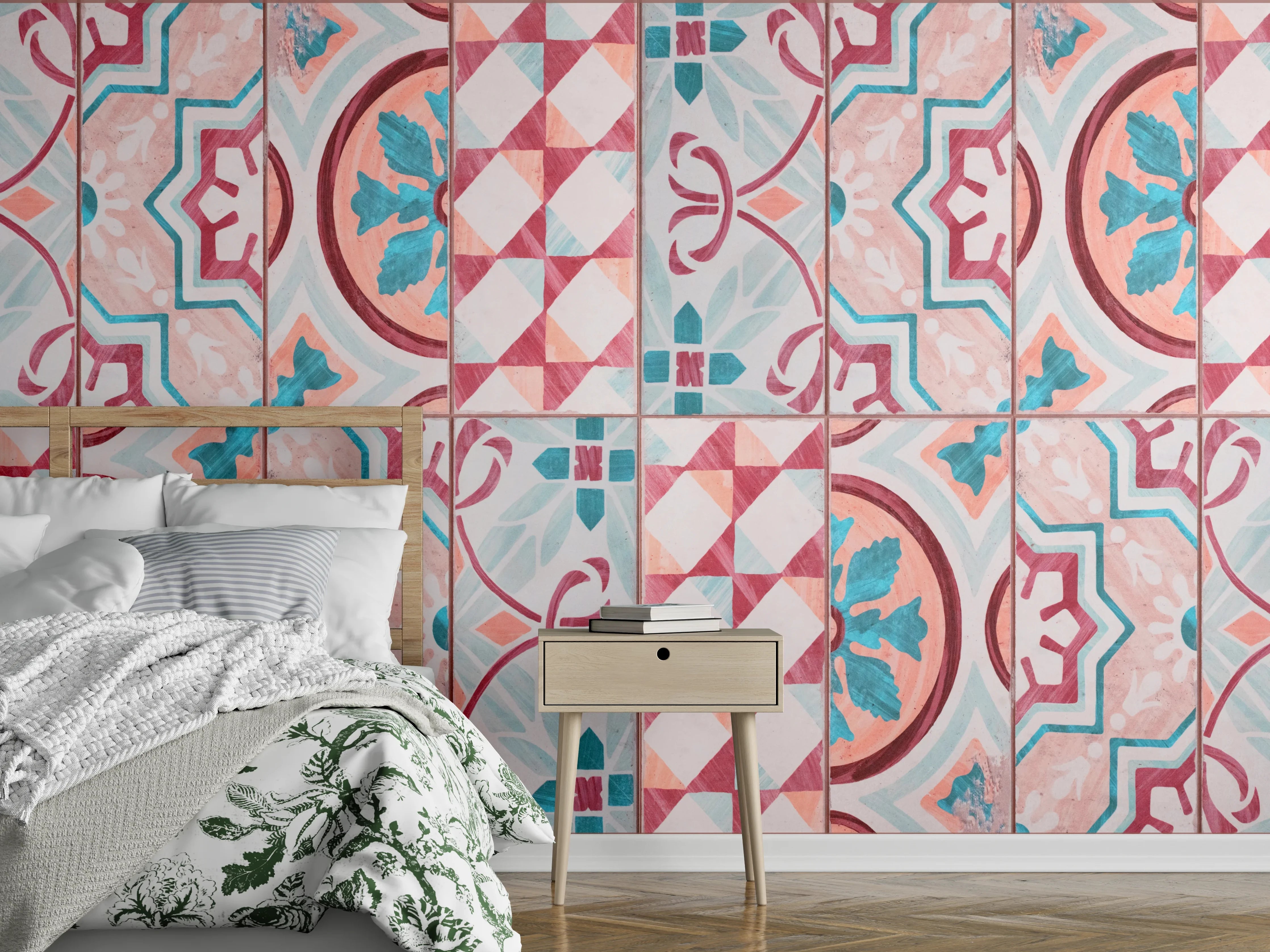 Wandverkleidung Schlafzimmer - Rot-türkises rechteckiges Mosaik