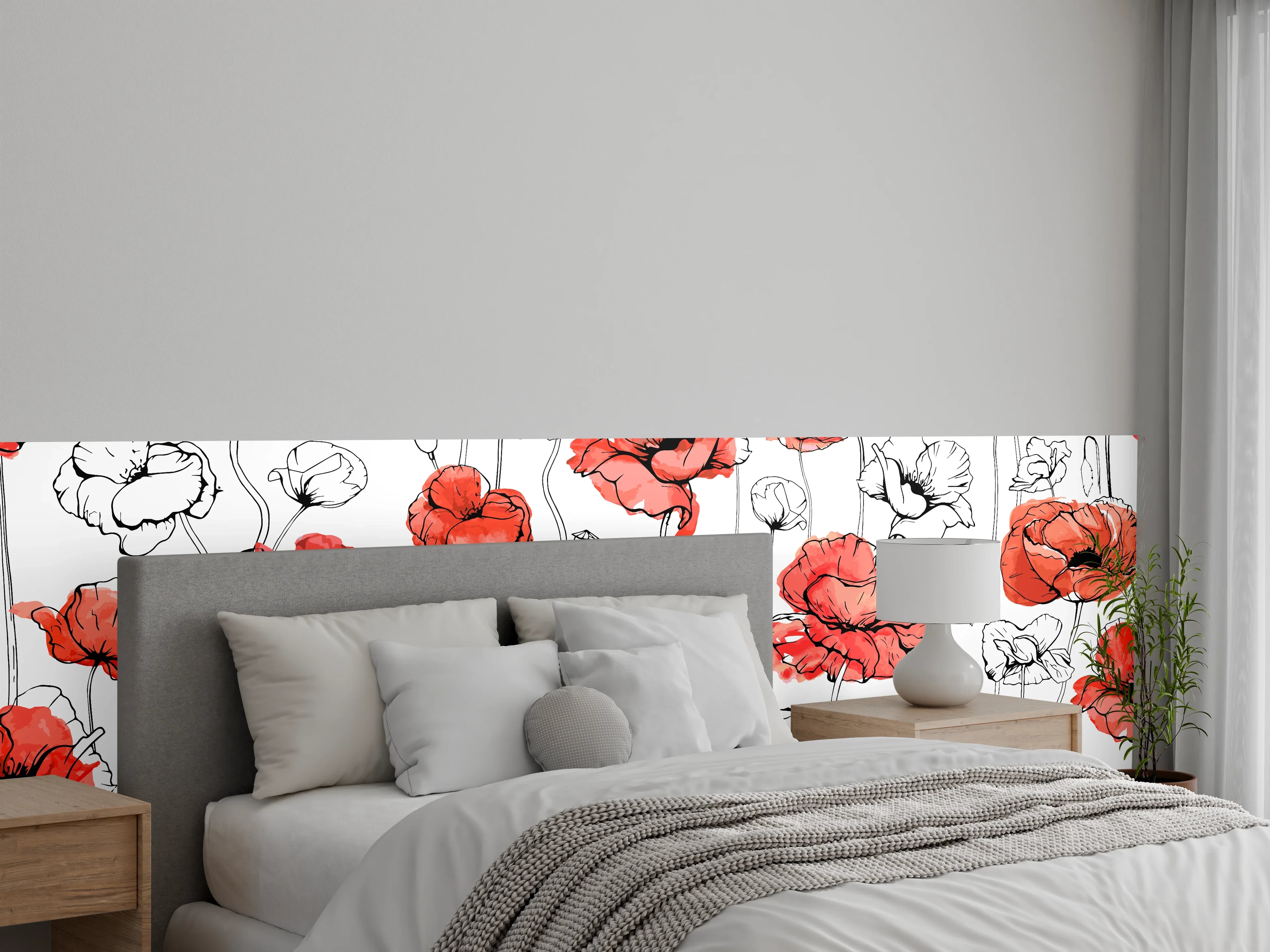 Wandverkleidung Schlafzimmer - Rot-weiße Mohnblumenmuster