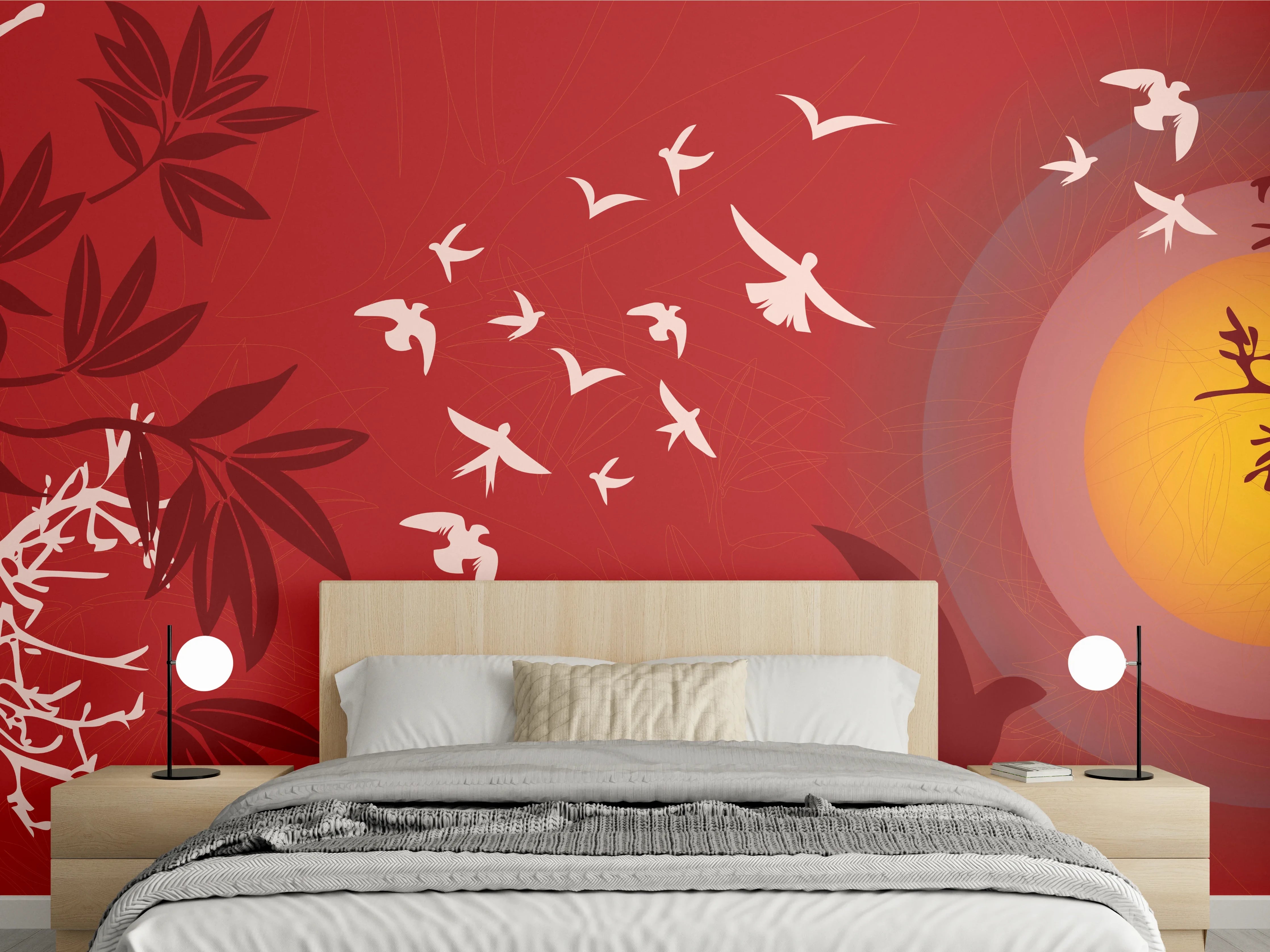 Wandverkleidung Schlafzimmer - Rote Abendstimmung Vögel Silhouetten
