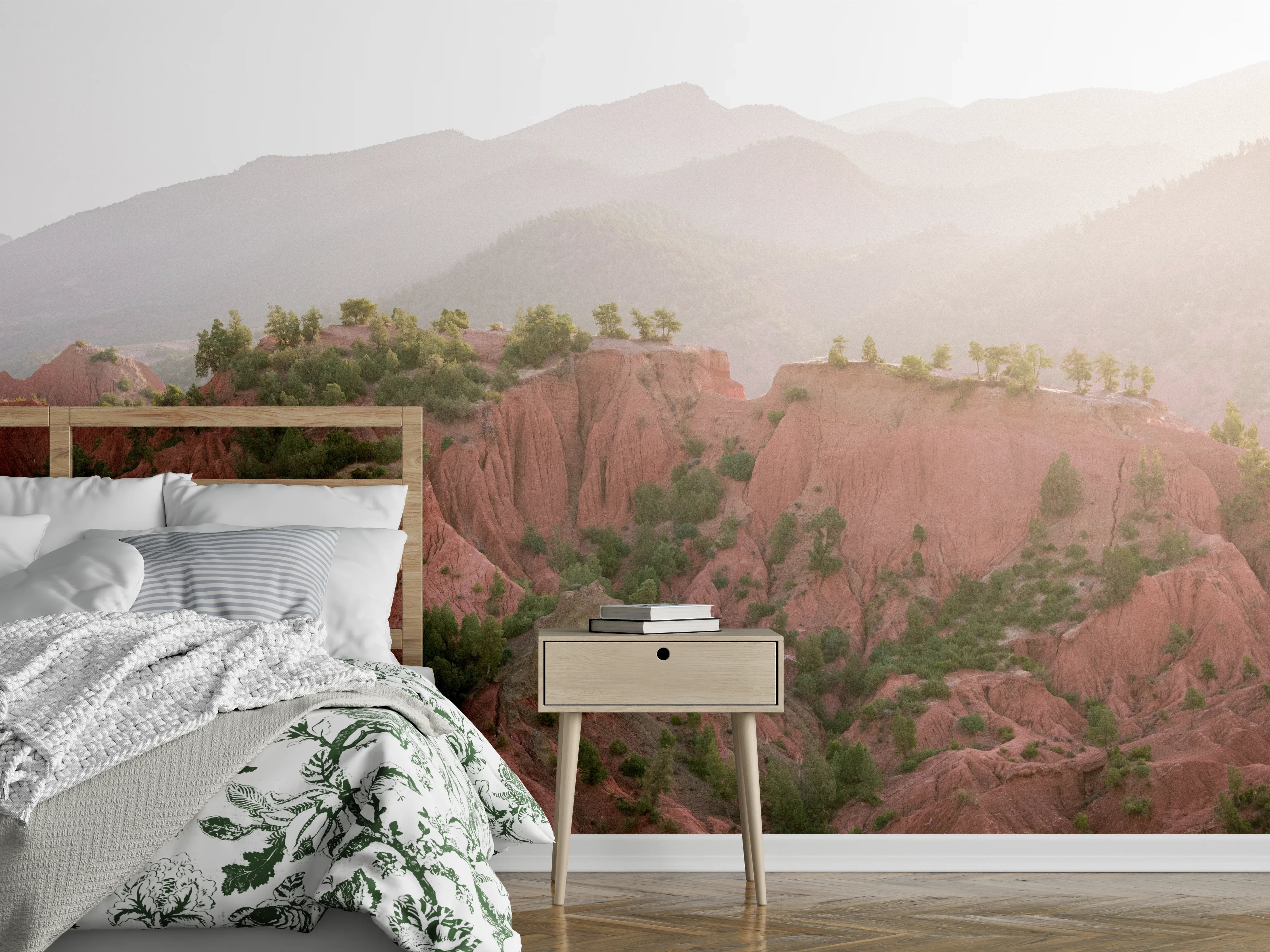 Wandverkleidung Schlafzimmer - Rote Felsen im Sonnenlicht Panorama