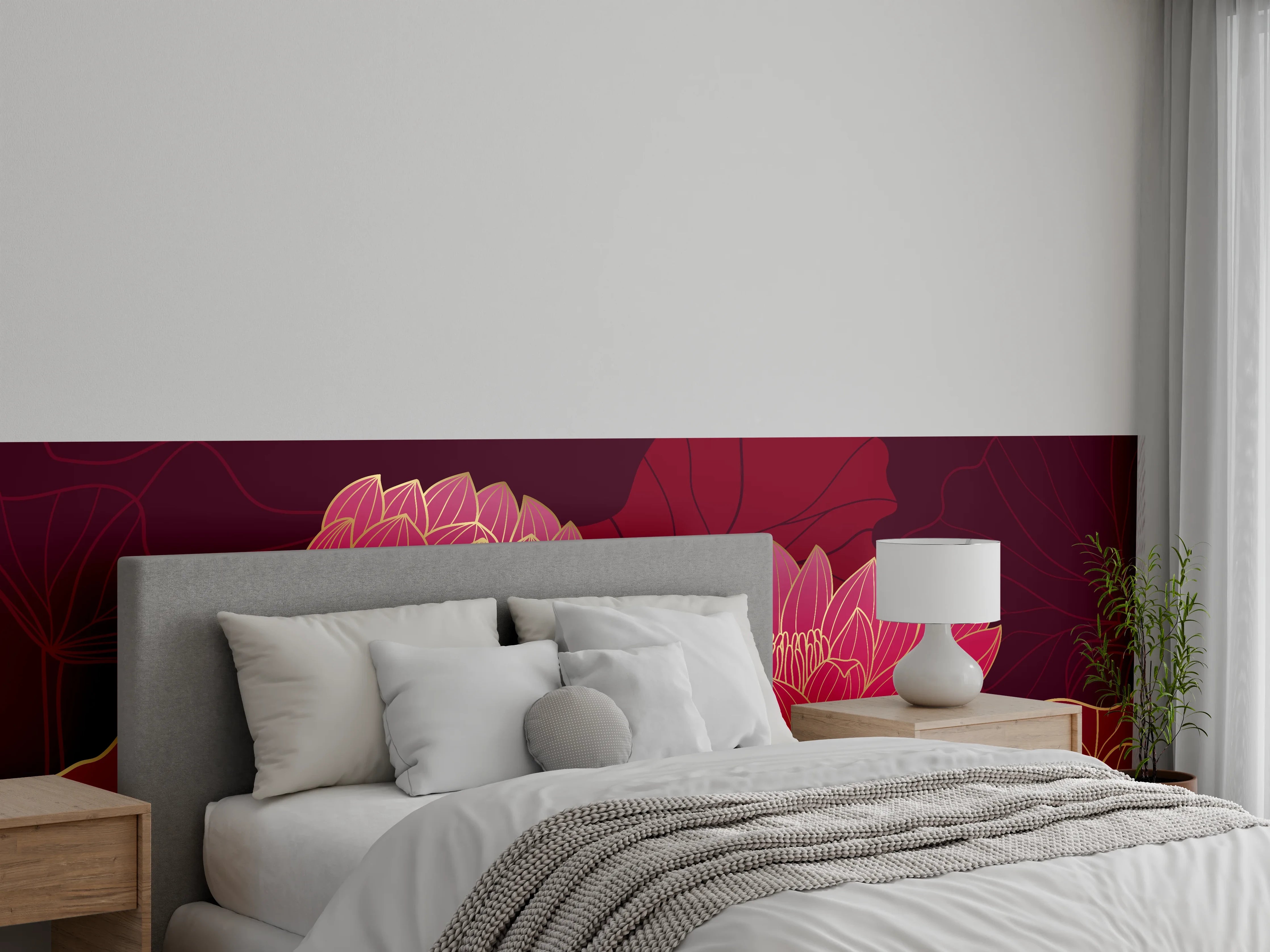 Wandverkleidung Schlafzimmer - Rote Lotusblüten Lineart Design