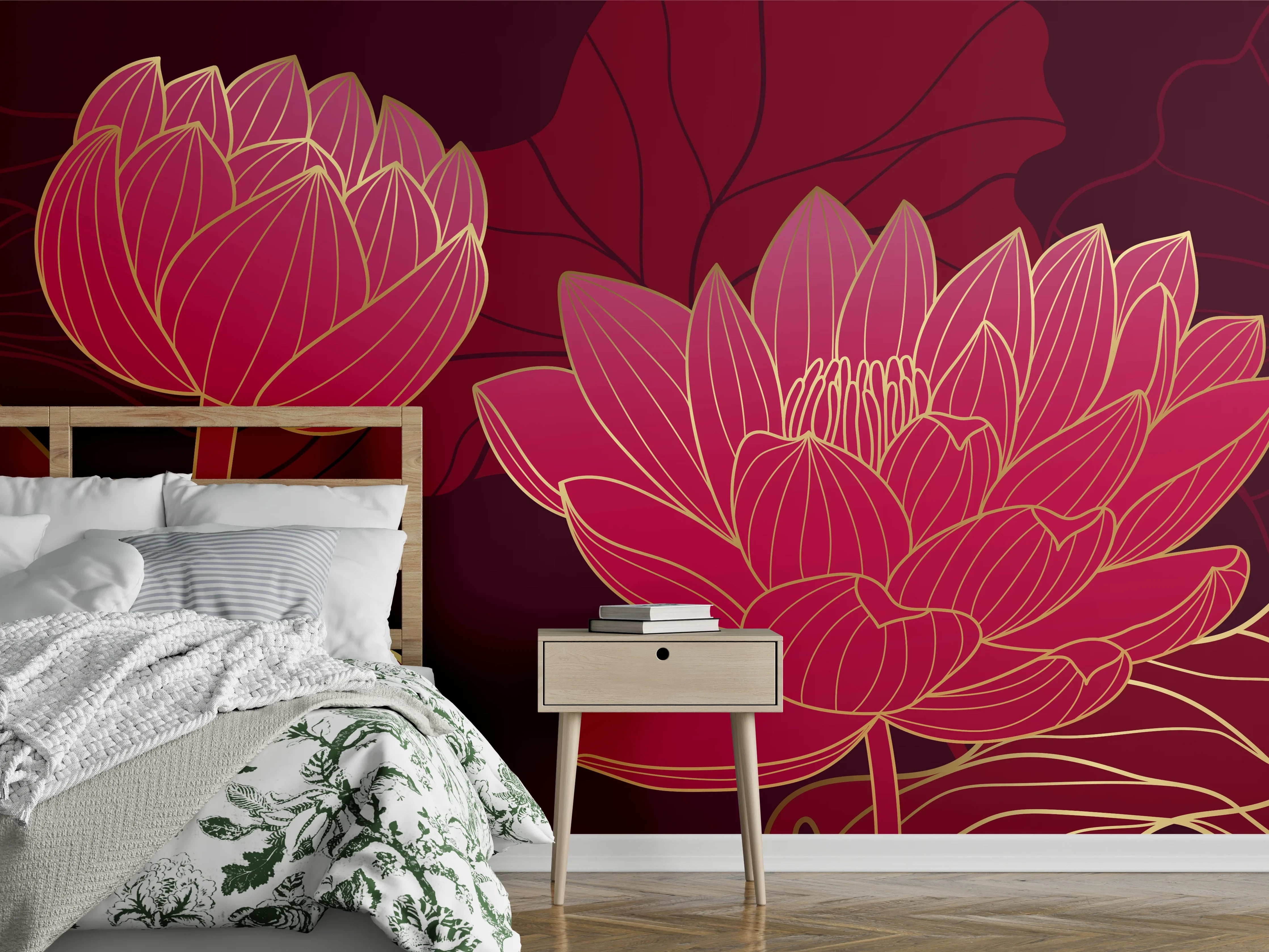 Wandverkleidung Schlafzimmer - Rote Lotusblüten Lineart Design