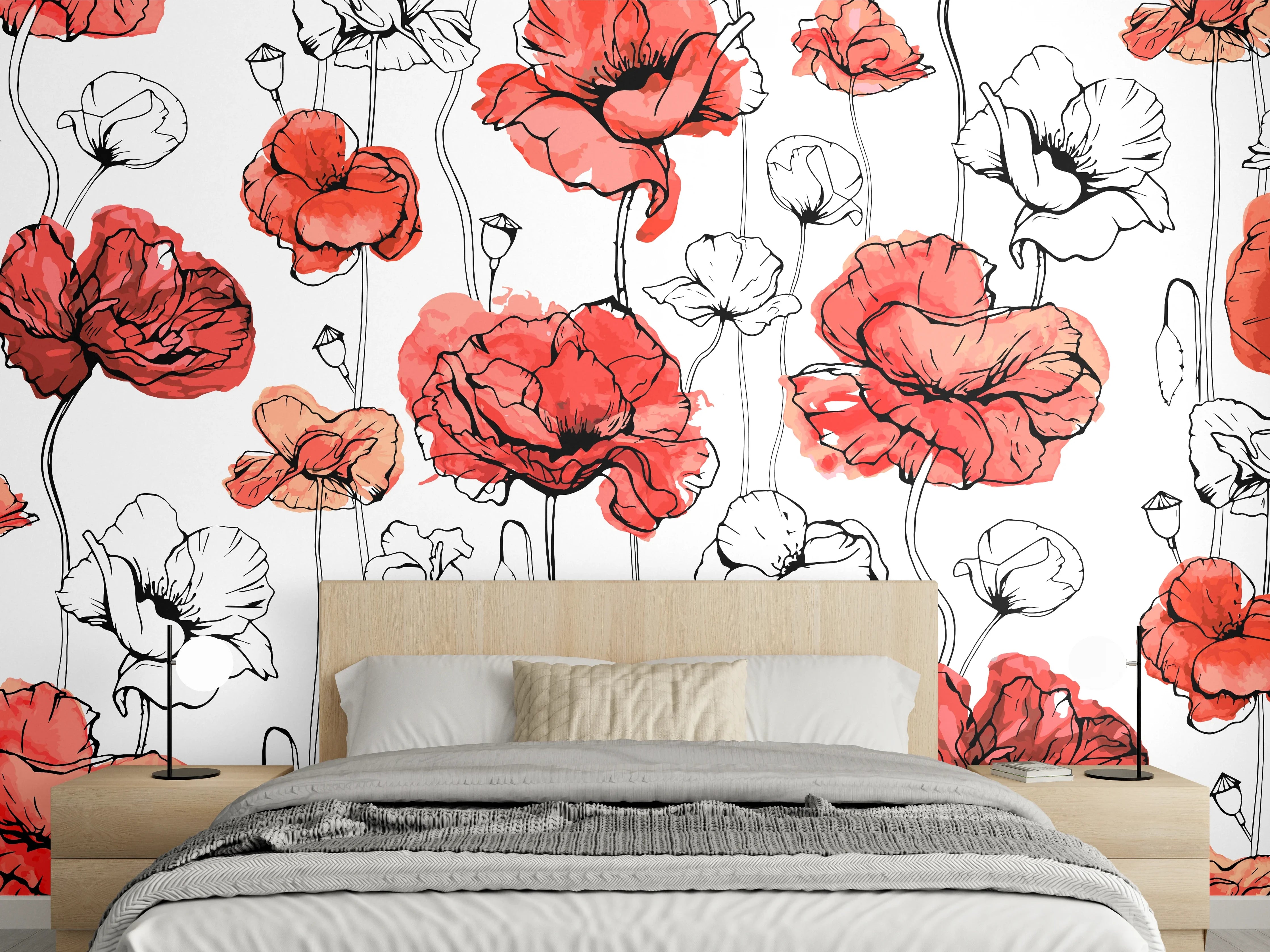 Wandverkleidung Schlafzimmer - Rote Mohnblumen Lineart Muster