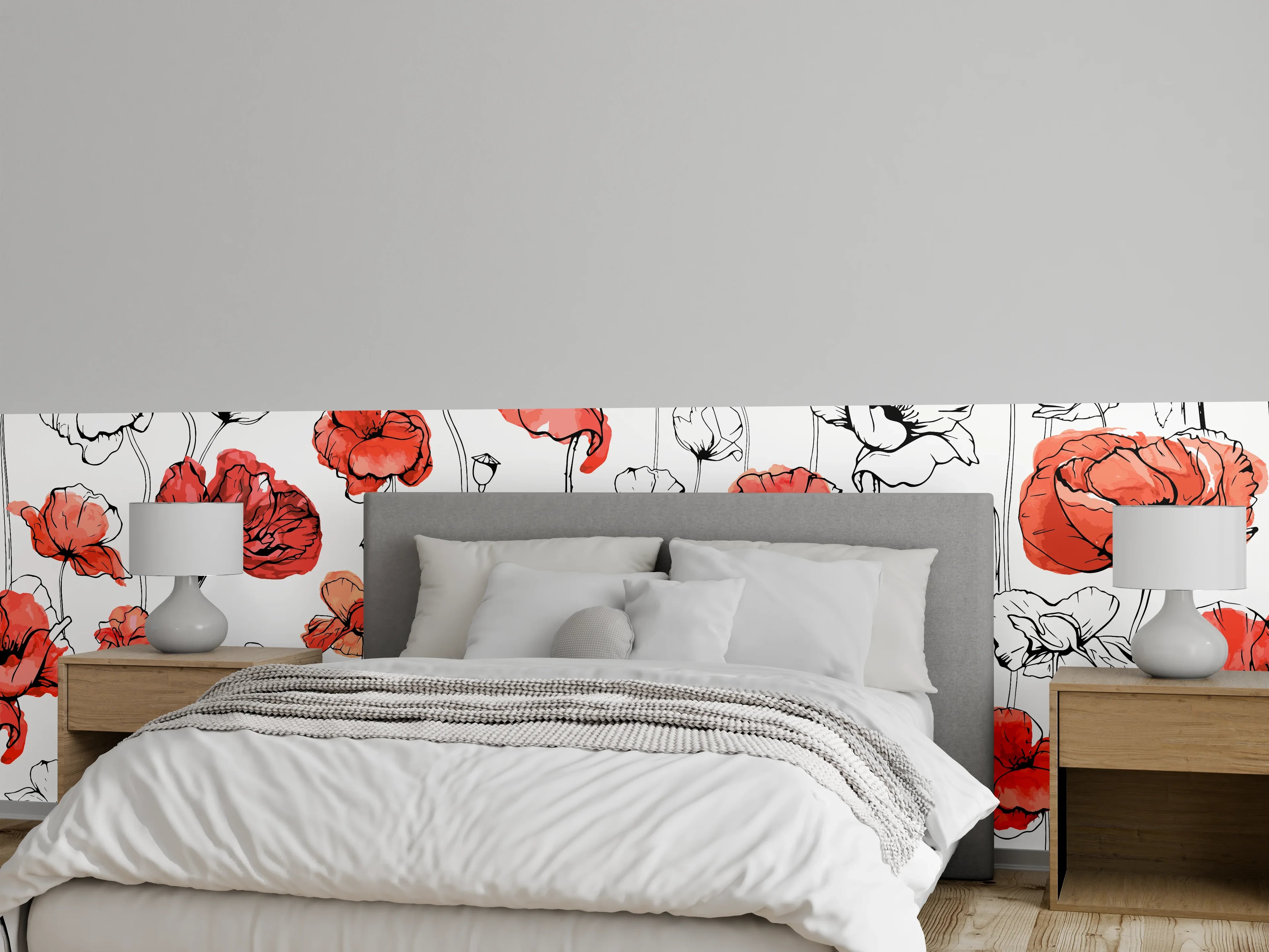 Wandverkleidung Schlafzimmer - Rote Mohnblumen Lineart Muster