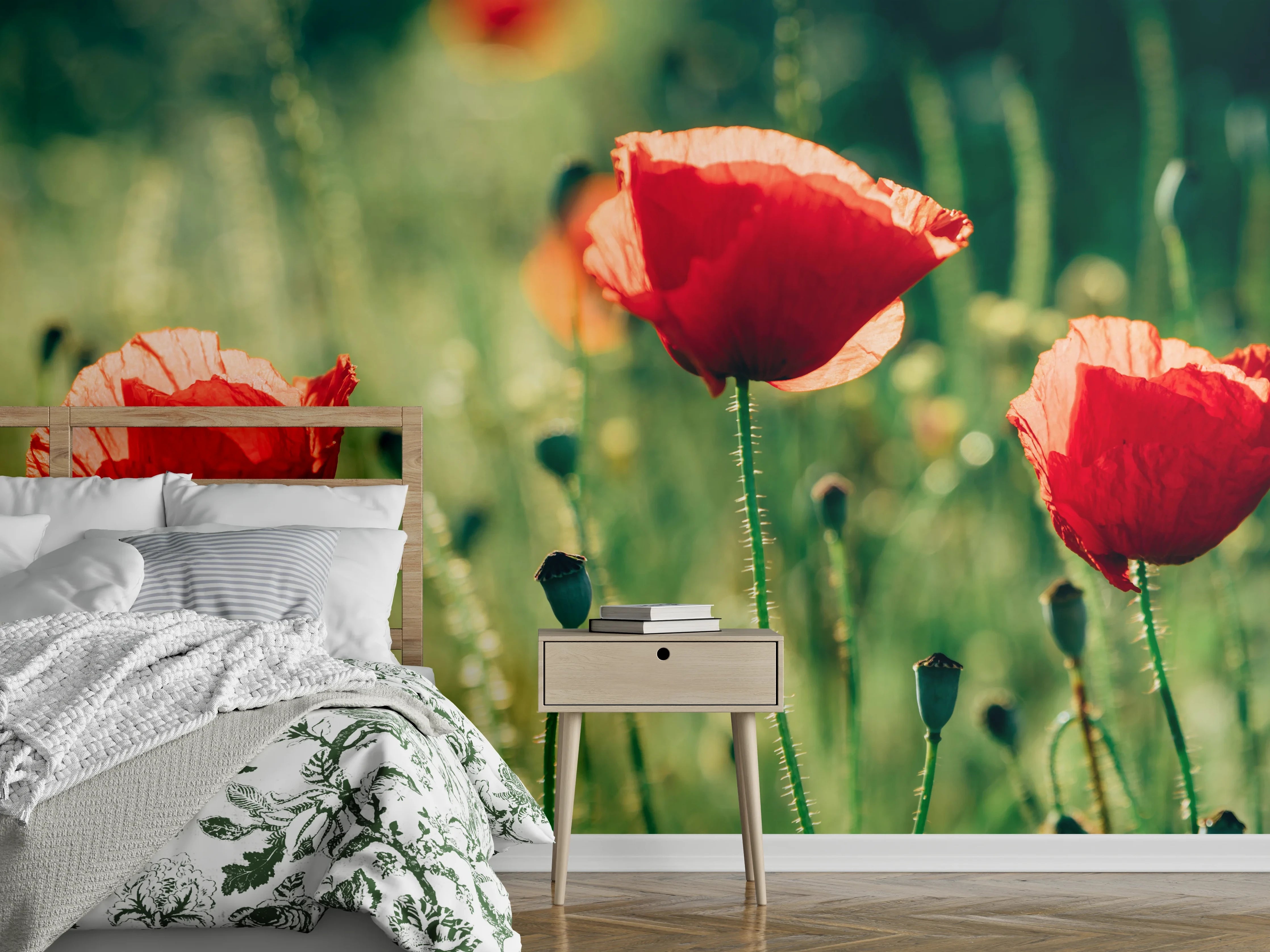 Wandverkleidung Schlafzimmer - Rote Mohnblumen Sommerwiese