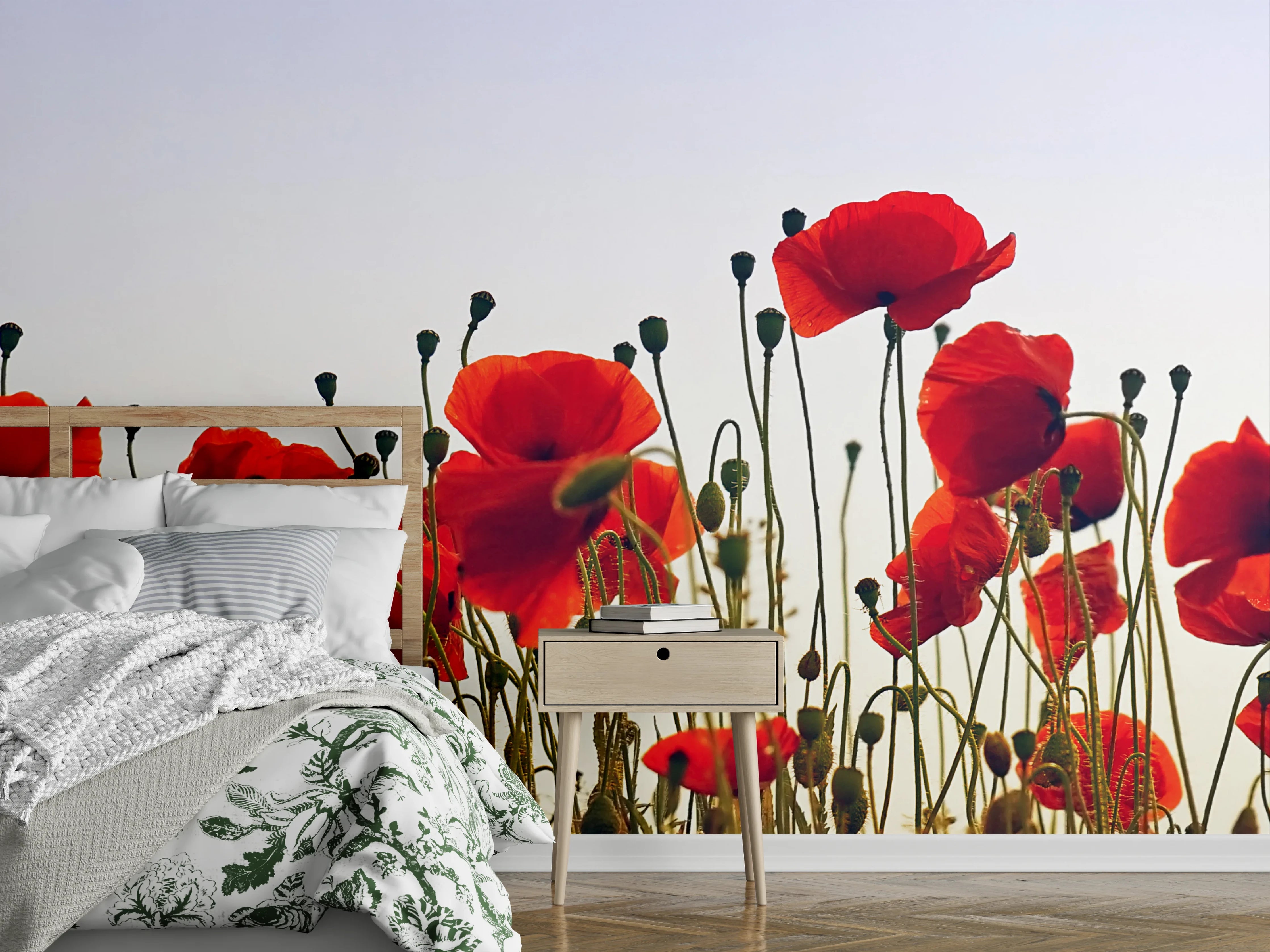 Wandverkleidung Schlafzimmer - Rote Mohnblumen Wiese Panorama