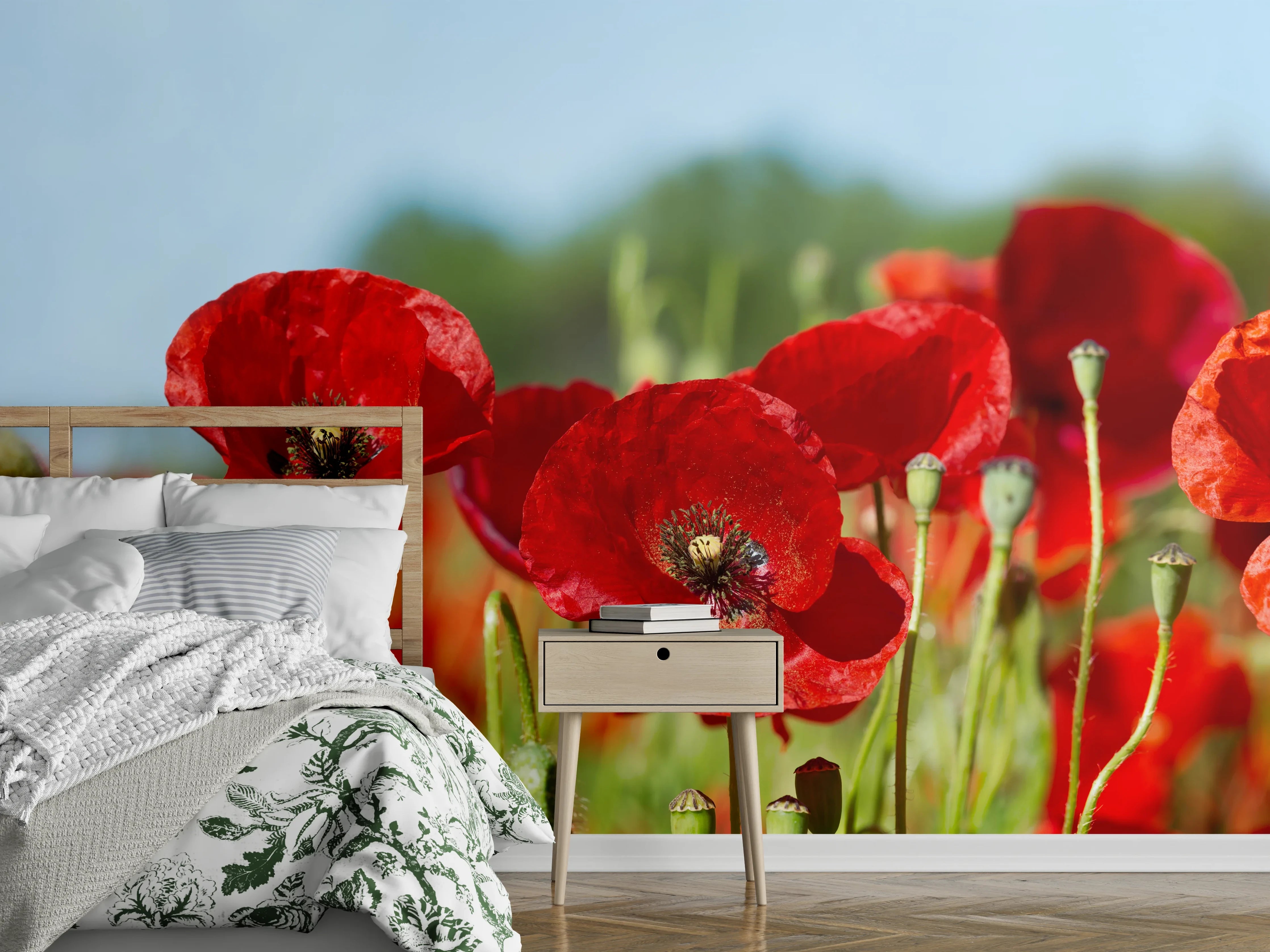 Wandverkleidung Schlafzimmer - Rote Mohnblumen auf einem Feld