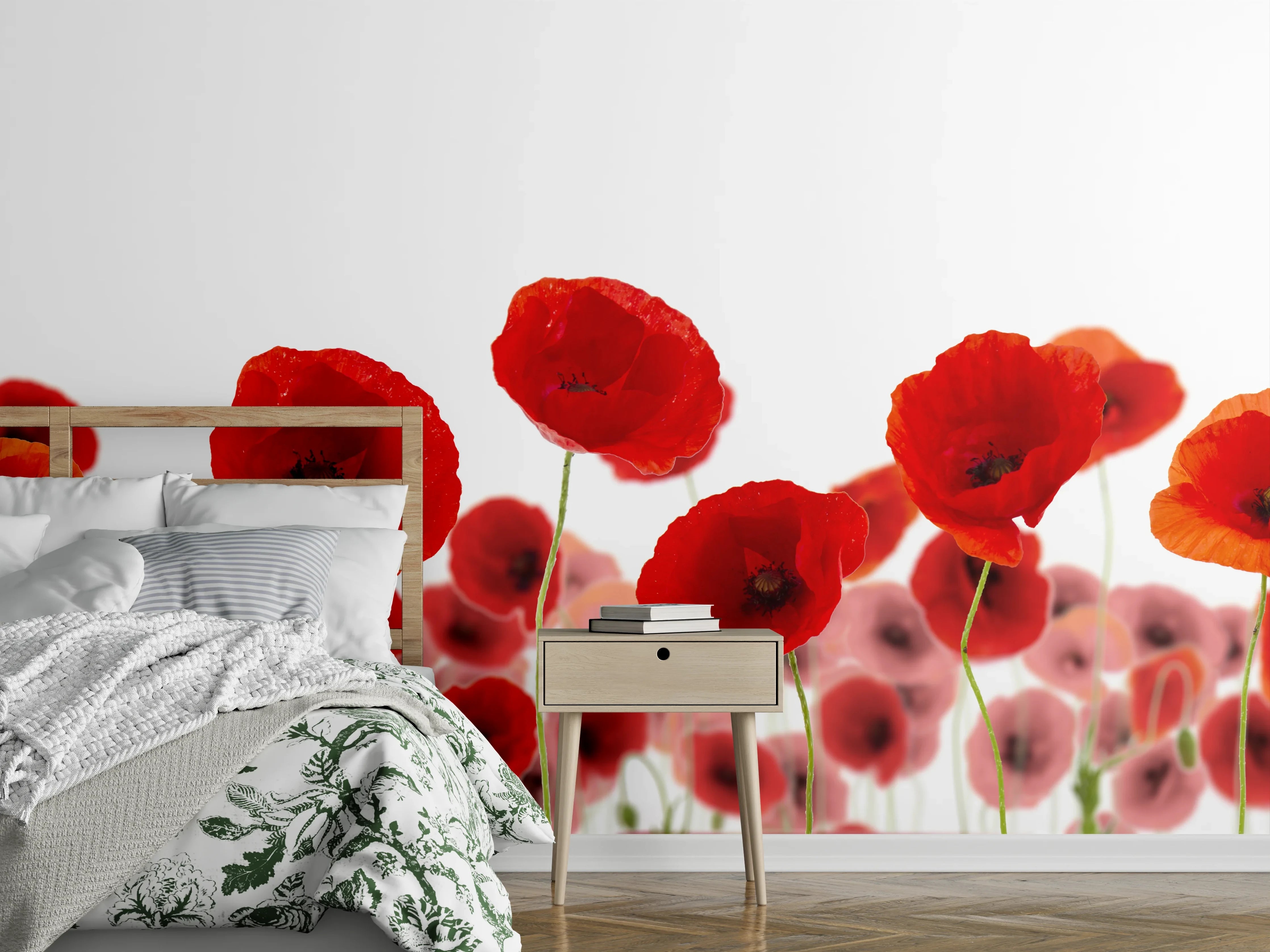 Wandverkleidung Schlafzimmer - Rote Mohnblumen auf weißem Hintergrund