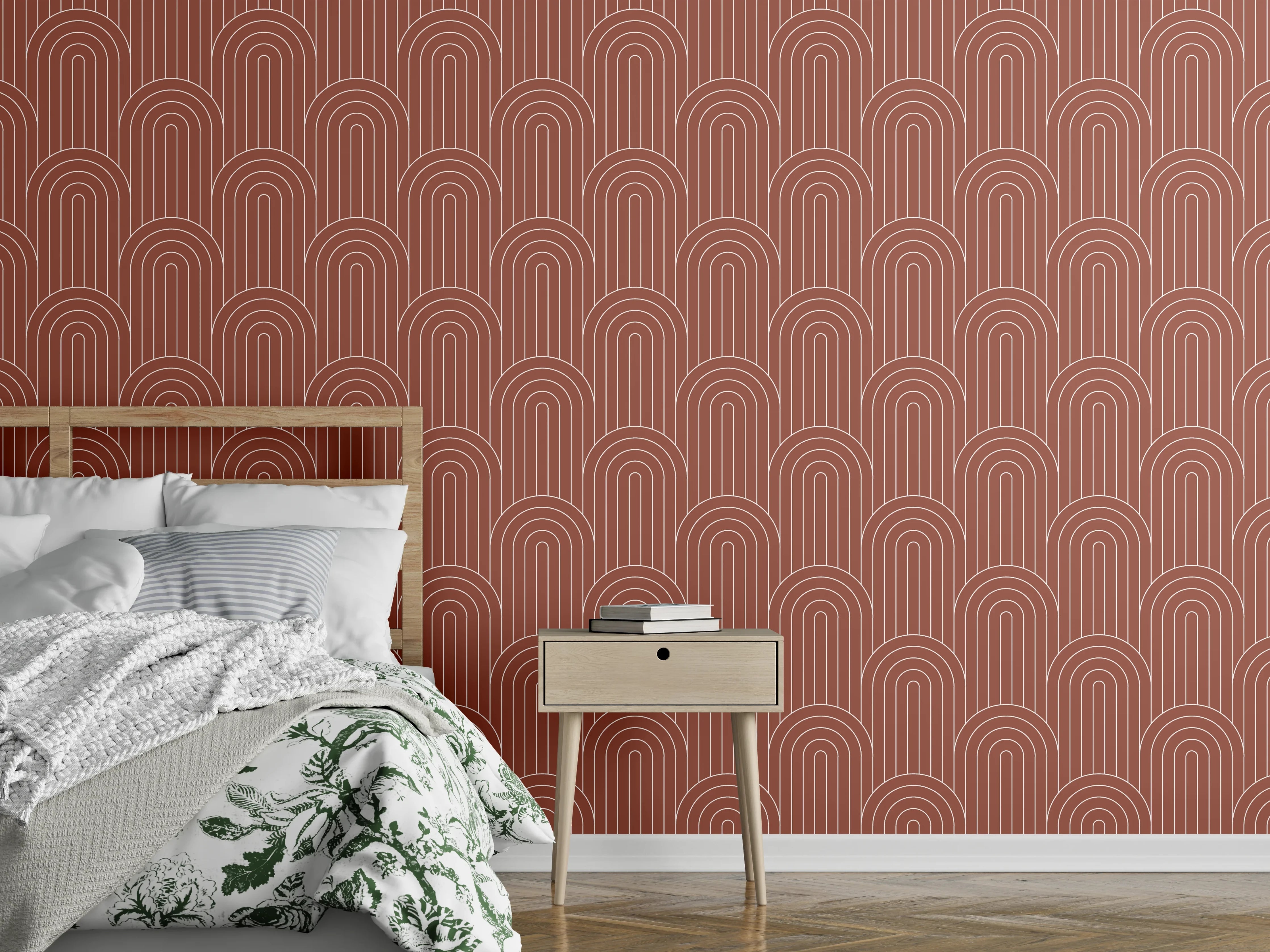 Wandverkleidung Schlafzimmer - Rote Retro-Bögen Muster Tapete