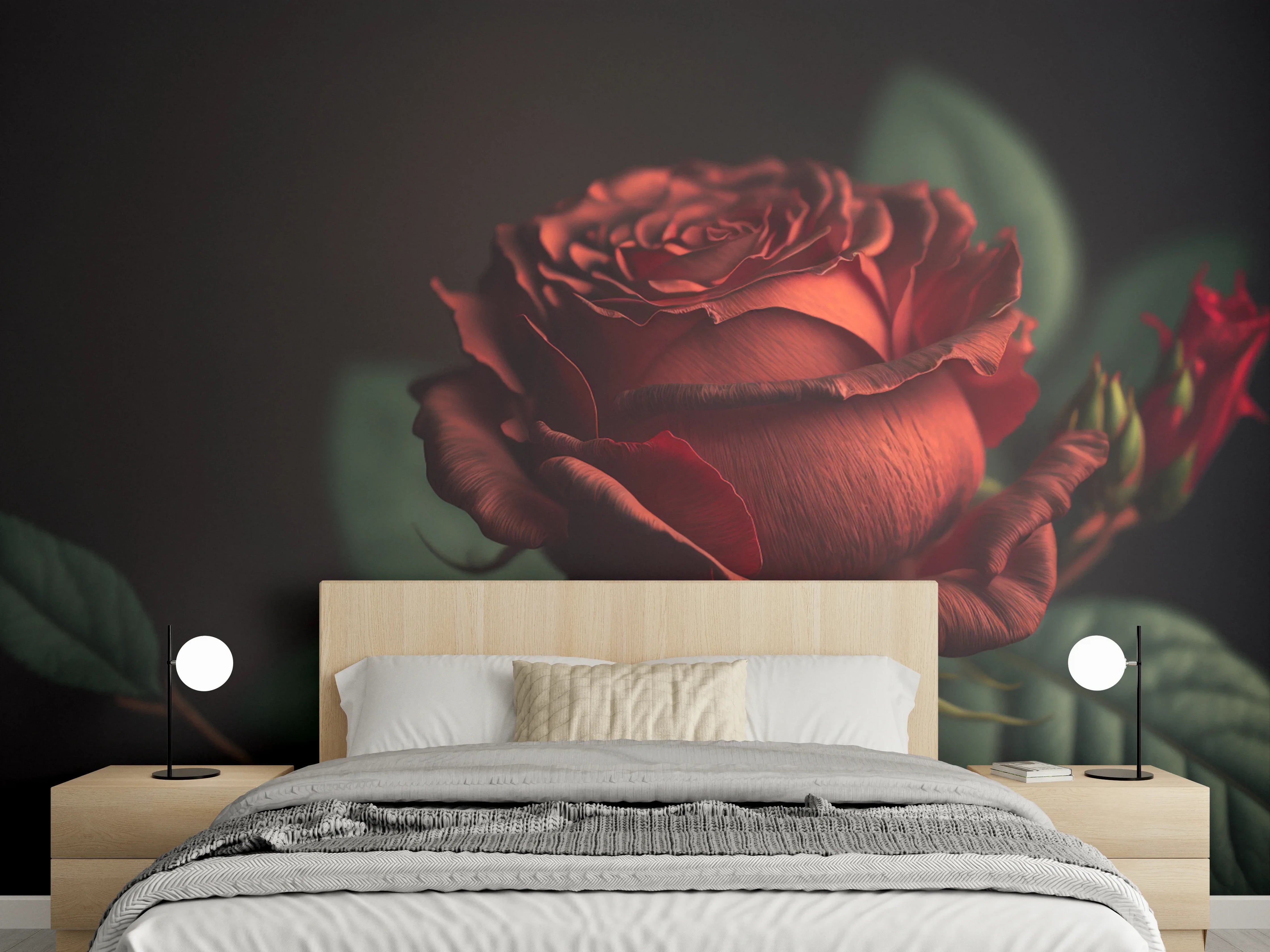 Wandverkleidung Schlafzimmer - Rote Rosenblüte Fotomotiv