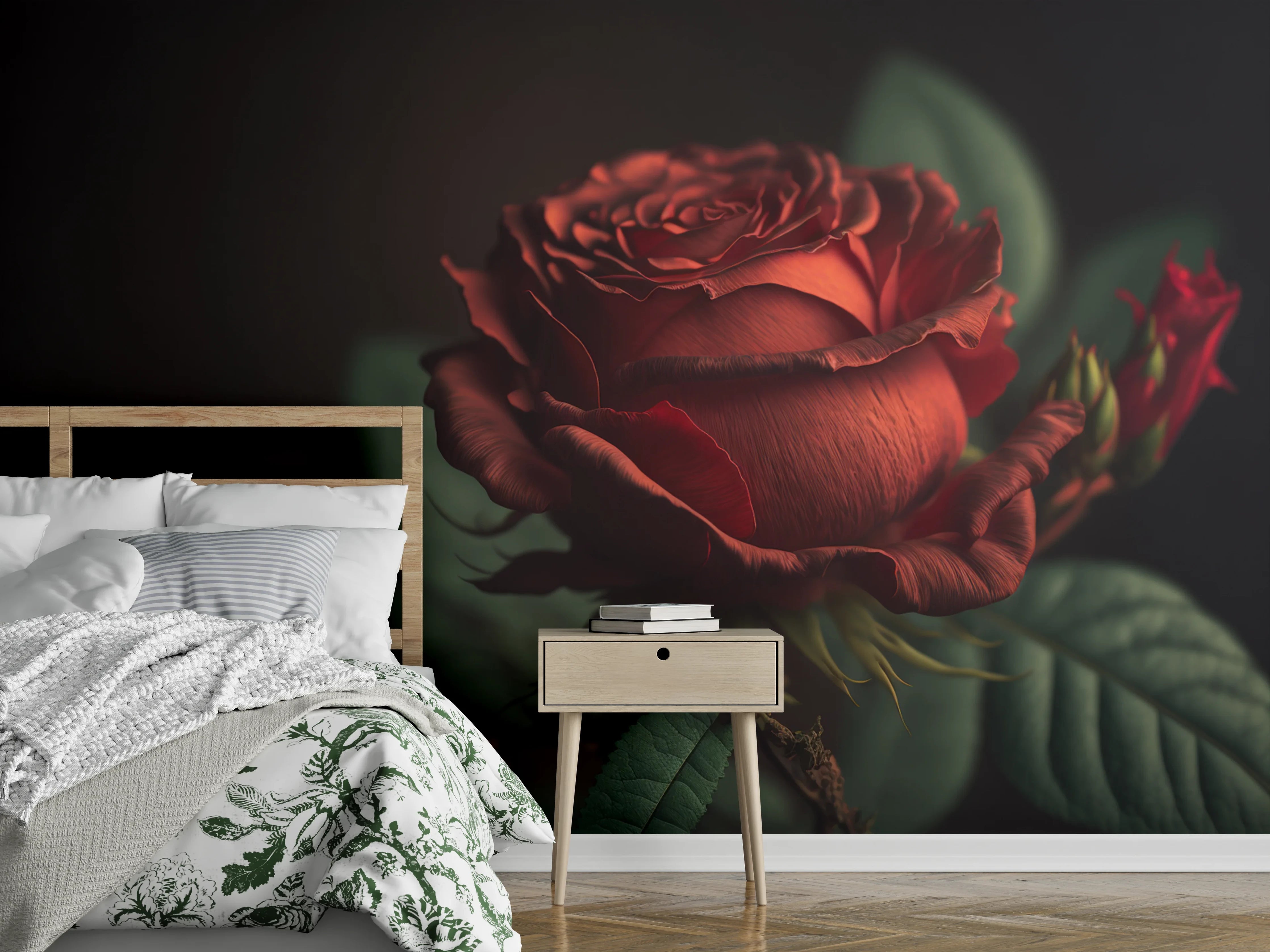 Wandverkleidung Schlafzimmer - Rote Rosenblüte Fotomotiv