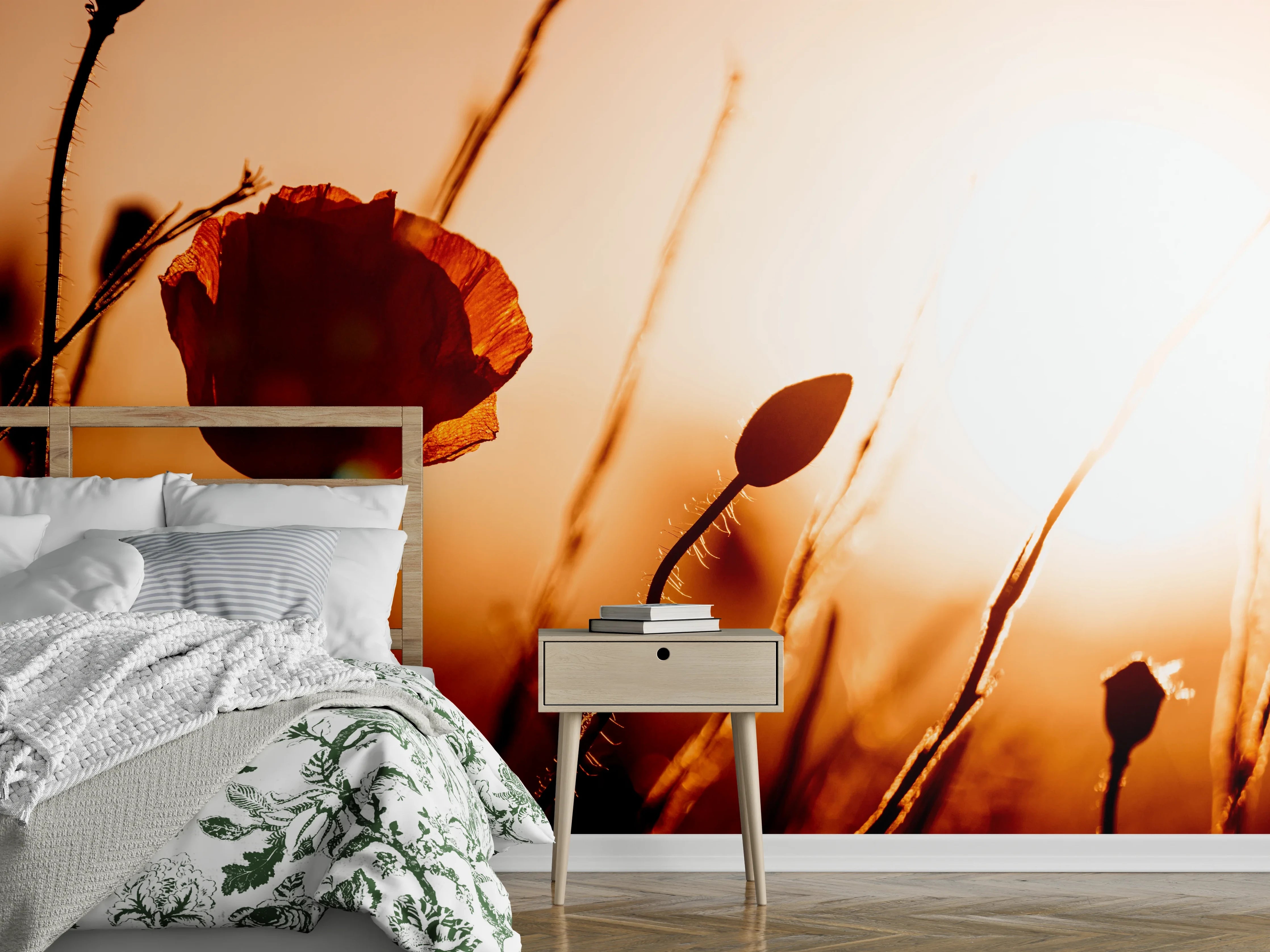 Wandverkleidung Schlafzimmer - Roter Mohn im sanften Sonnenlicht