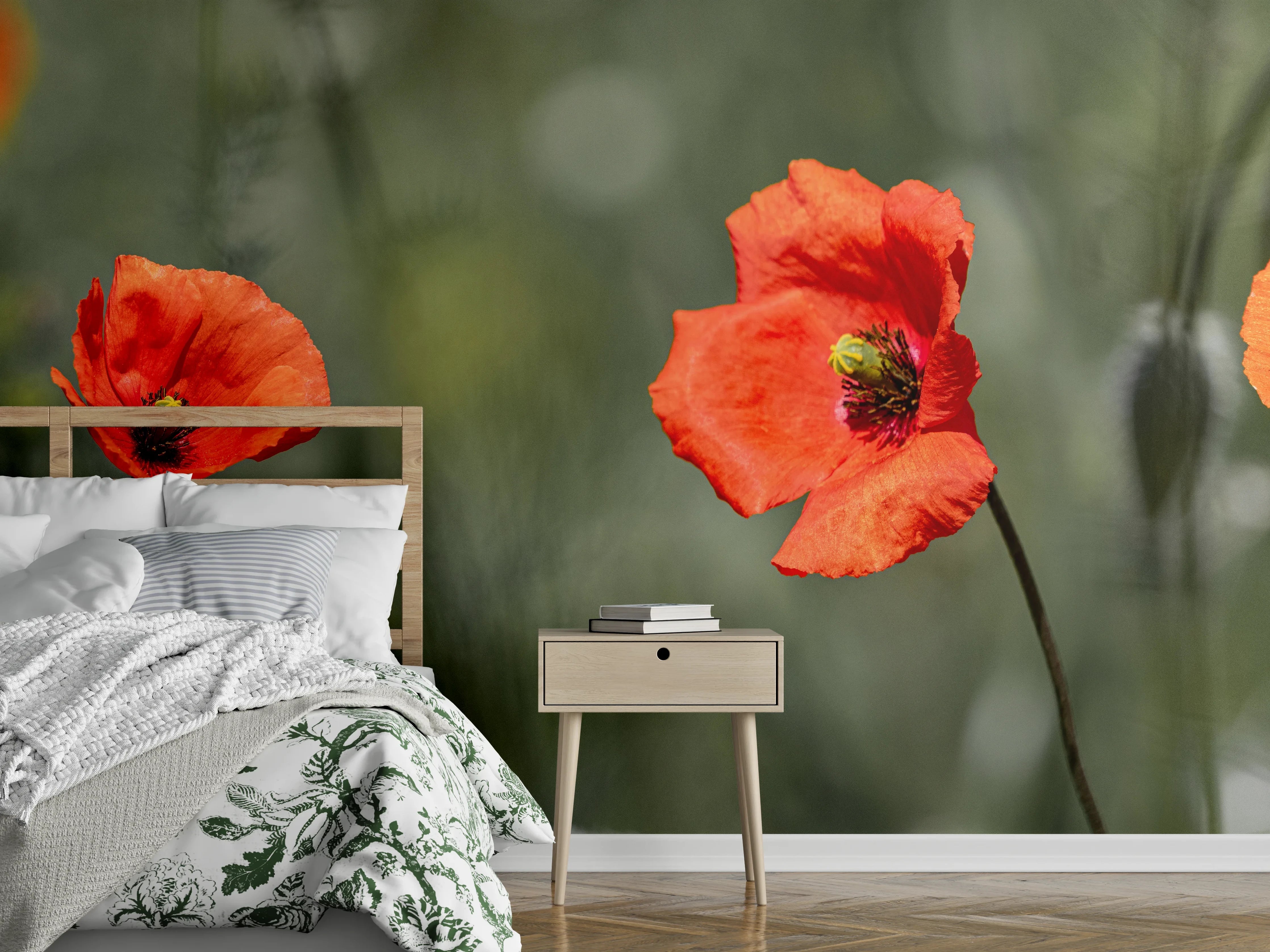 Wandverkleidung Schlafzimmer - Roter Mohn inmitten des Grüns