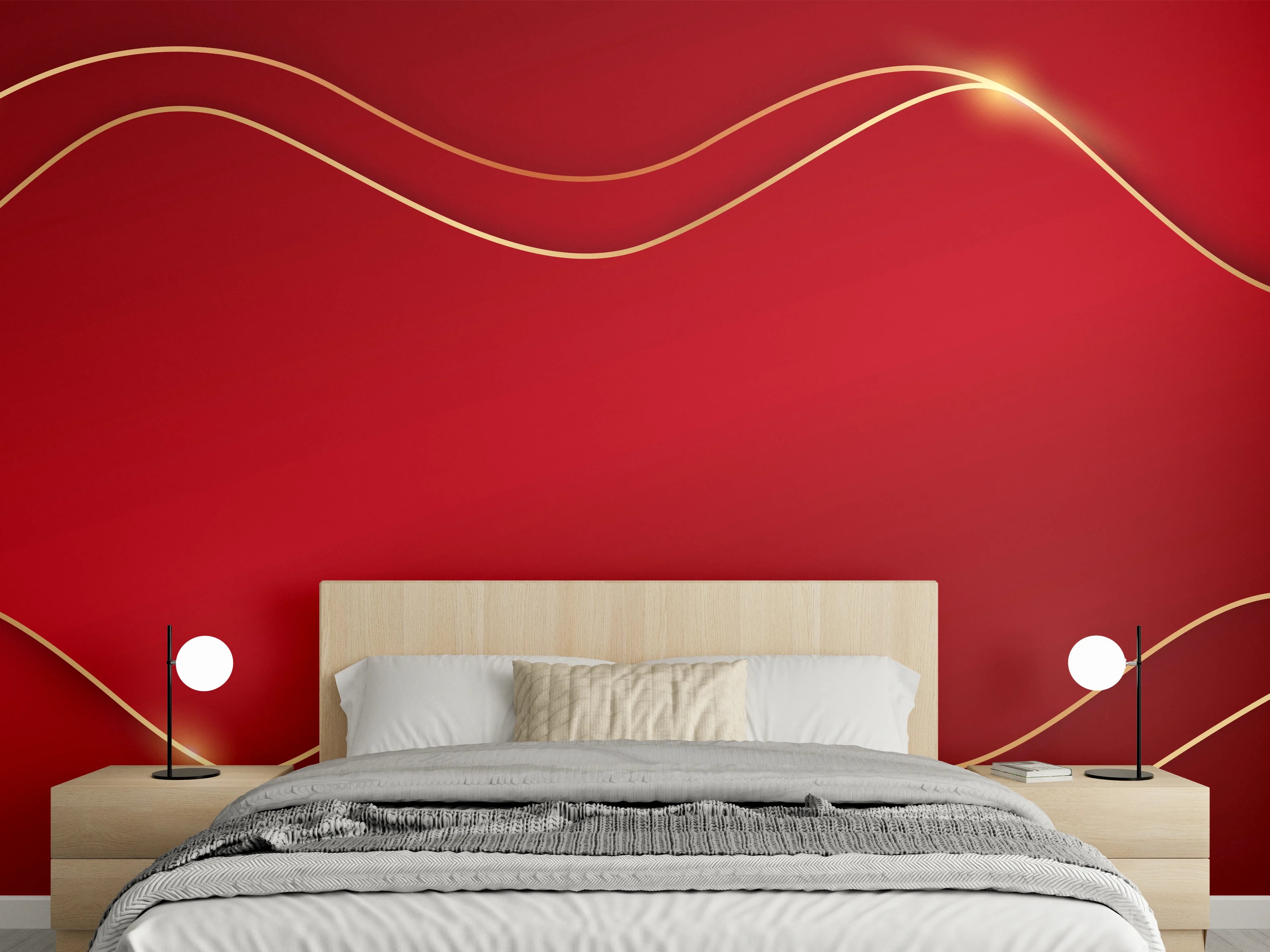 Wandverkleidung Schlafzimmer - Rotes Luxus-Design mit Goldakzenten