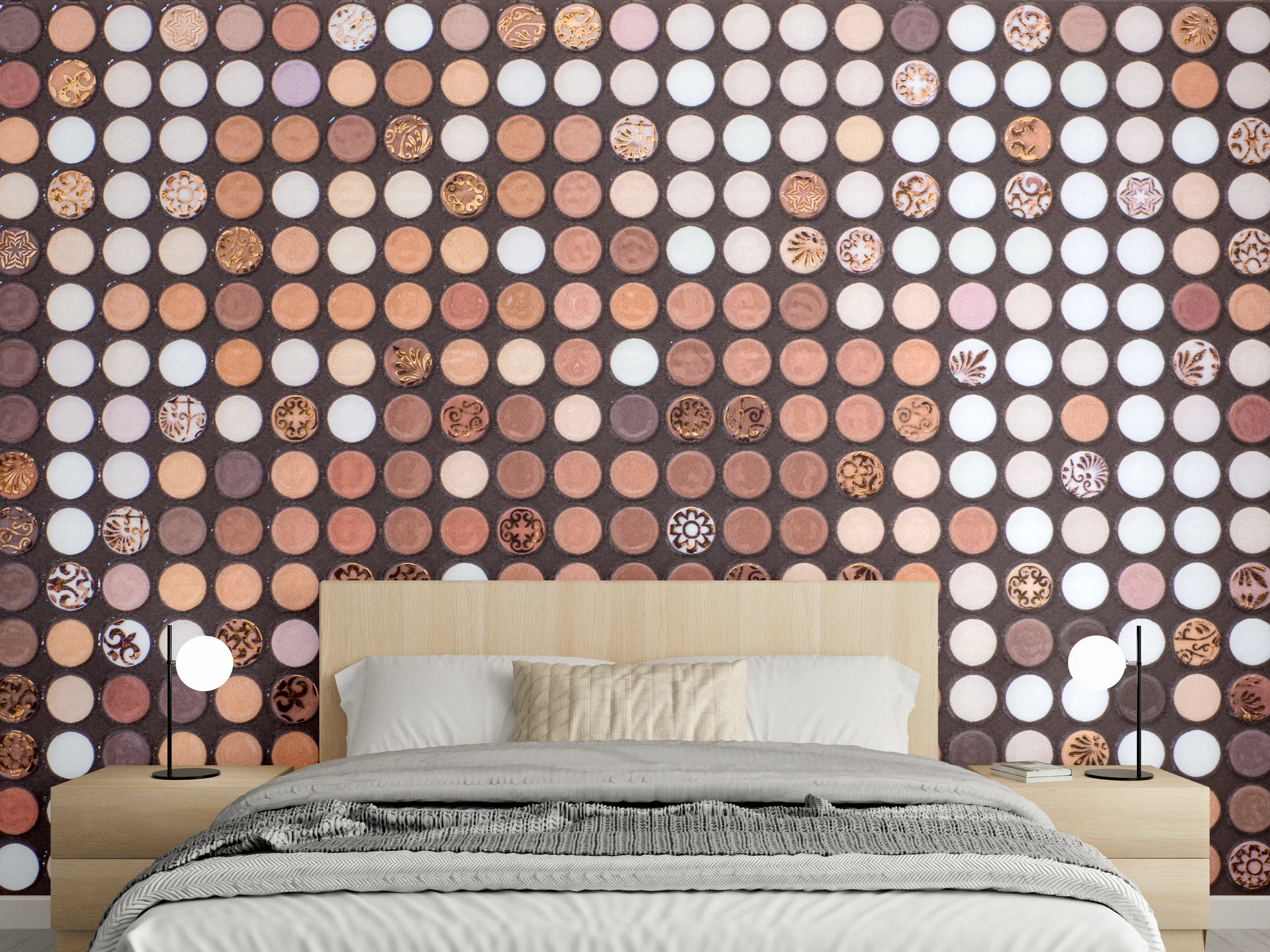 Wandverkleidung Schlafzimmer - Runde Mosaikfliesen in Braun und Weiß