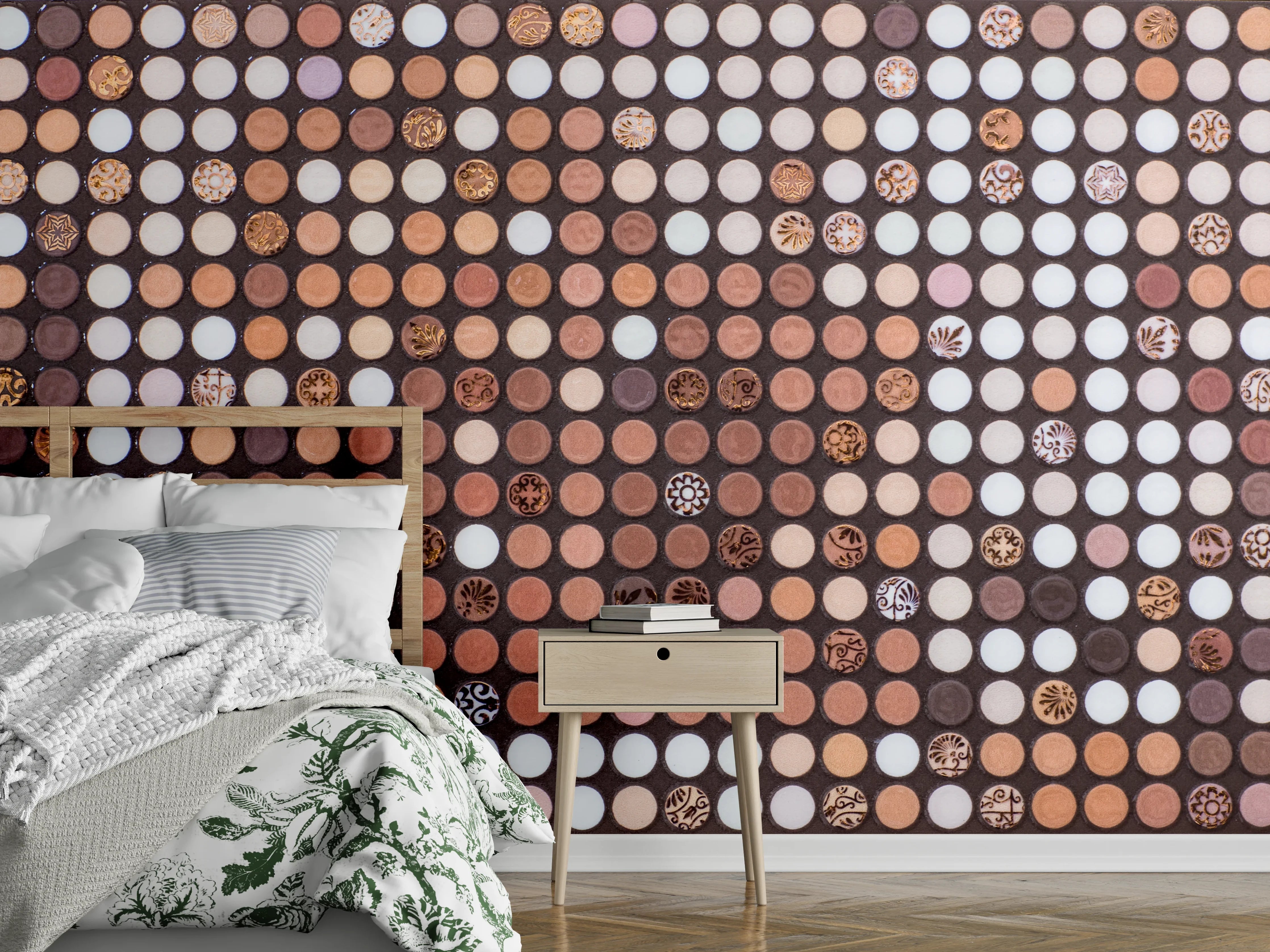 Wandverkleidung Schlafzimmer - Runde Mosaikfliesen in Braun und Weiß