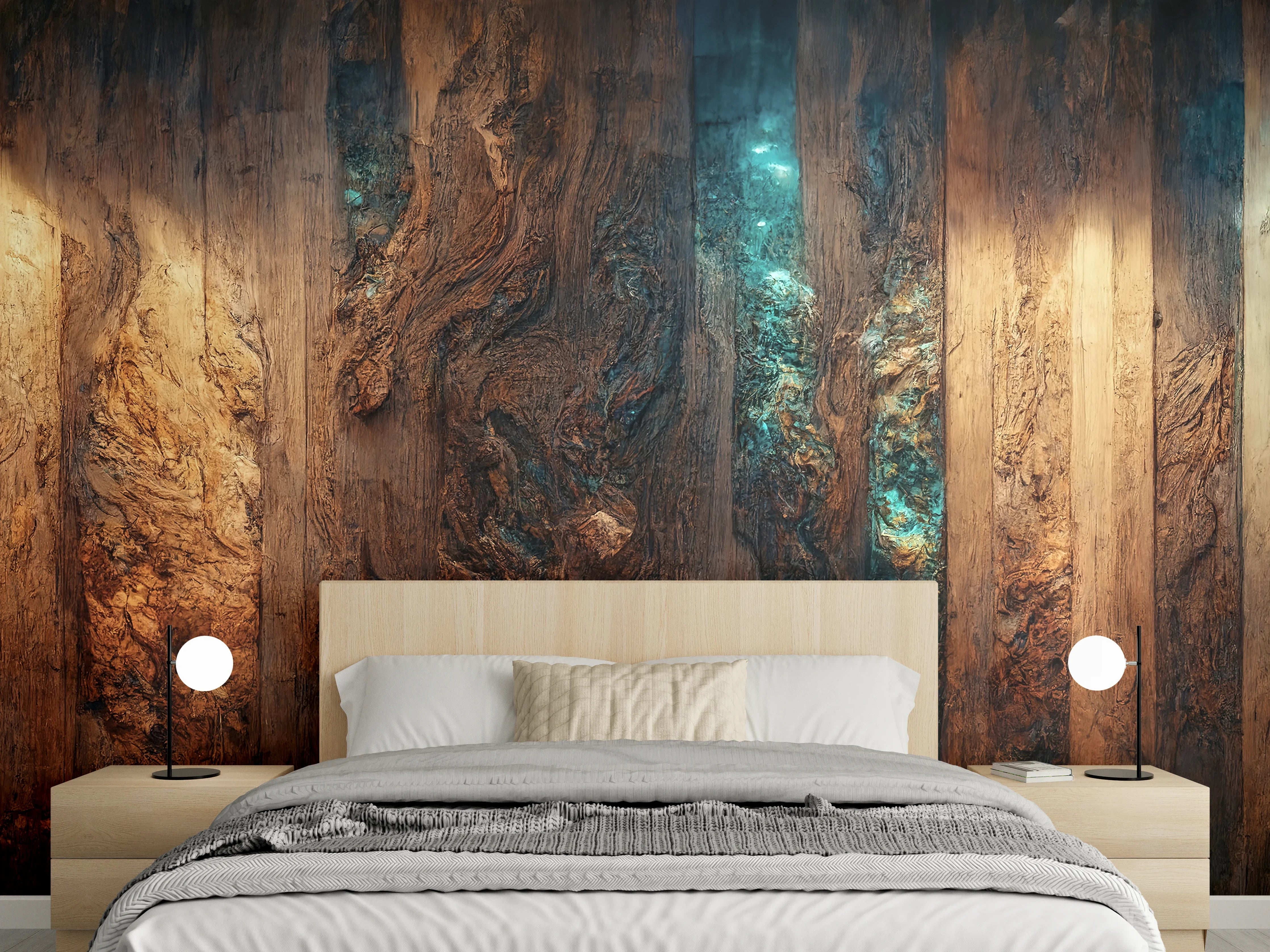 Wandverkleidung Schlafzimmer - Rustikale Holzverkleidung mit warmem Licht