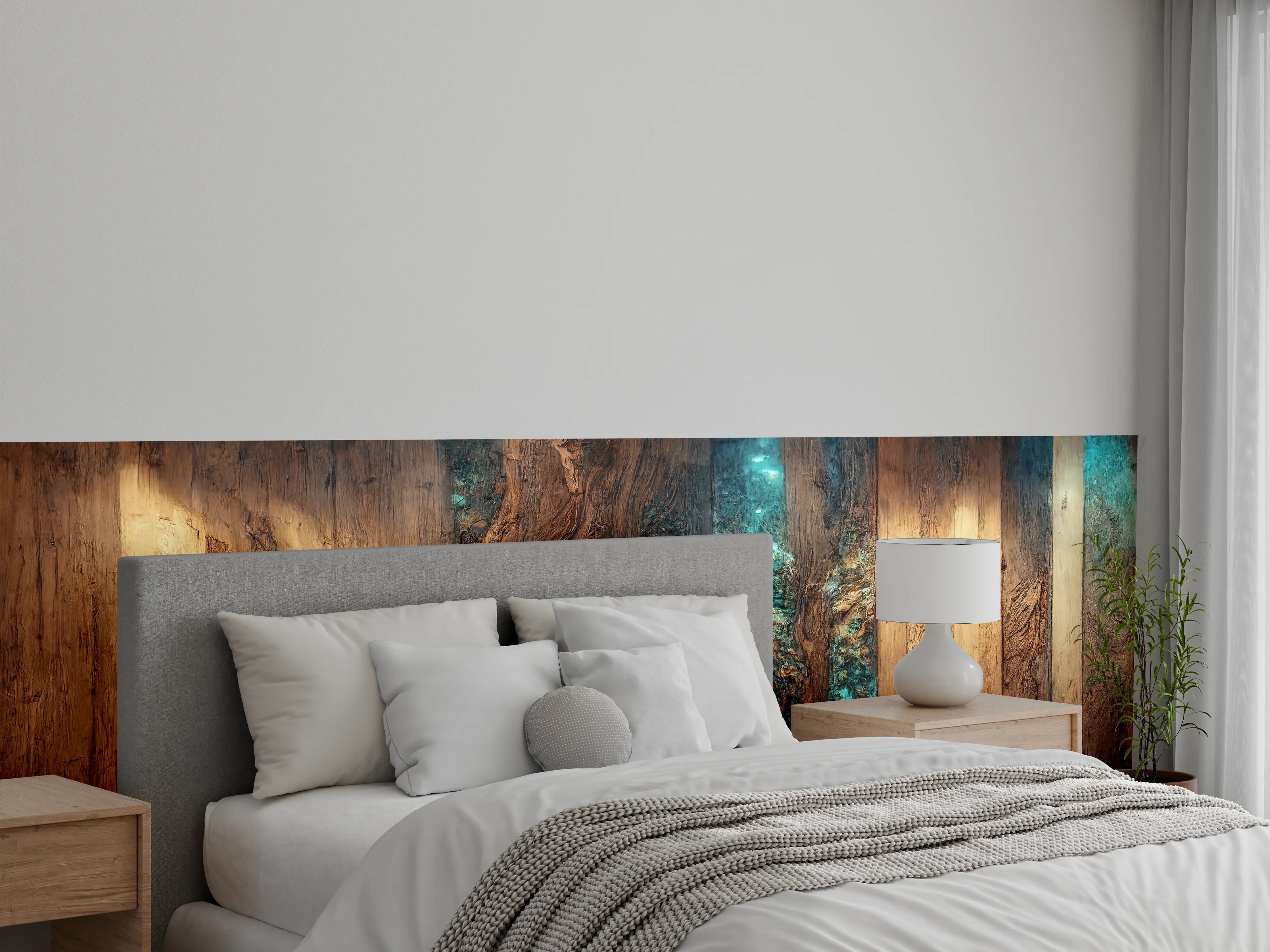 Wandverkleidung Schlafzimmer - Rustikale Holzverkleidung mit warmem Licht