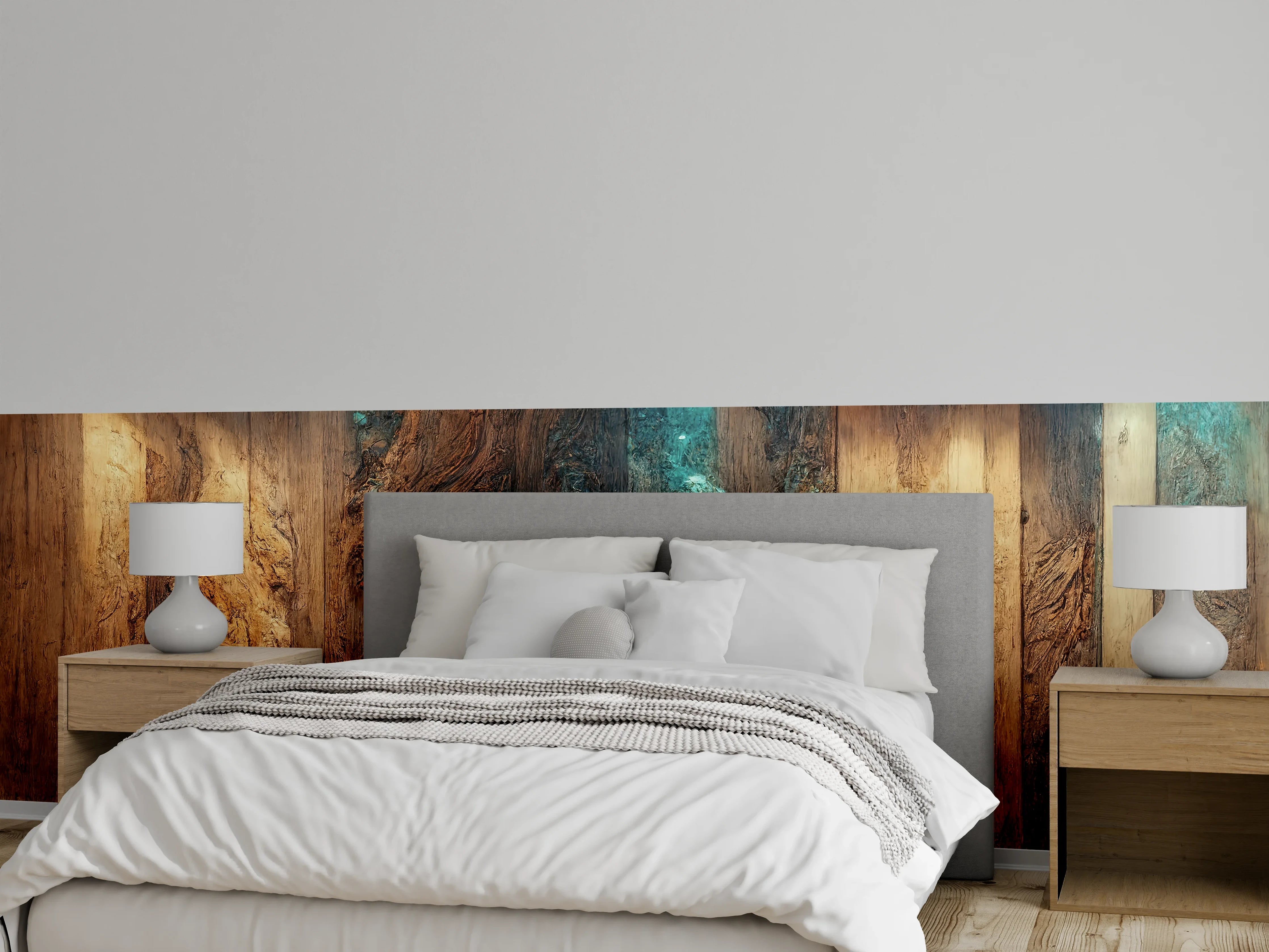 Wandverkleidung Schlafzimmer - Rustikale Holzverkleidung mit warmem Licht