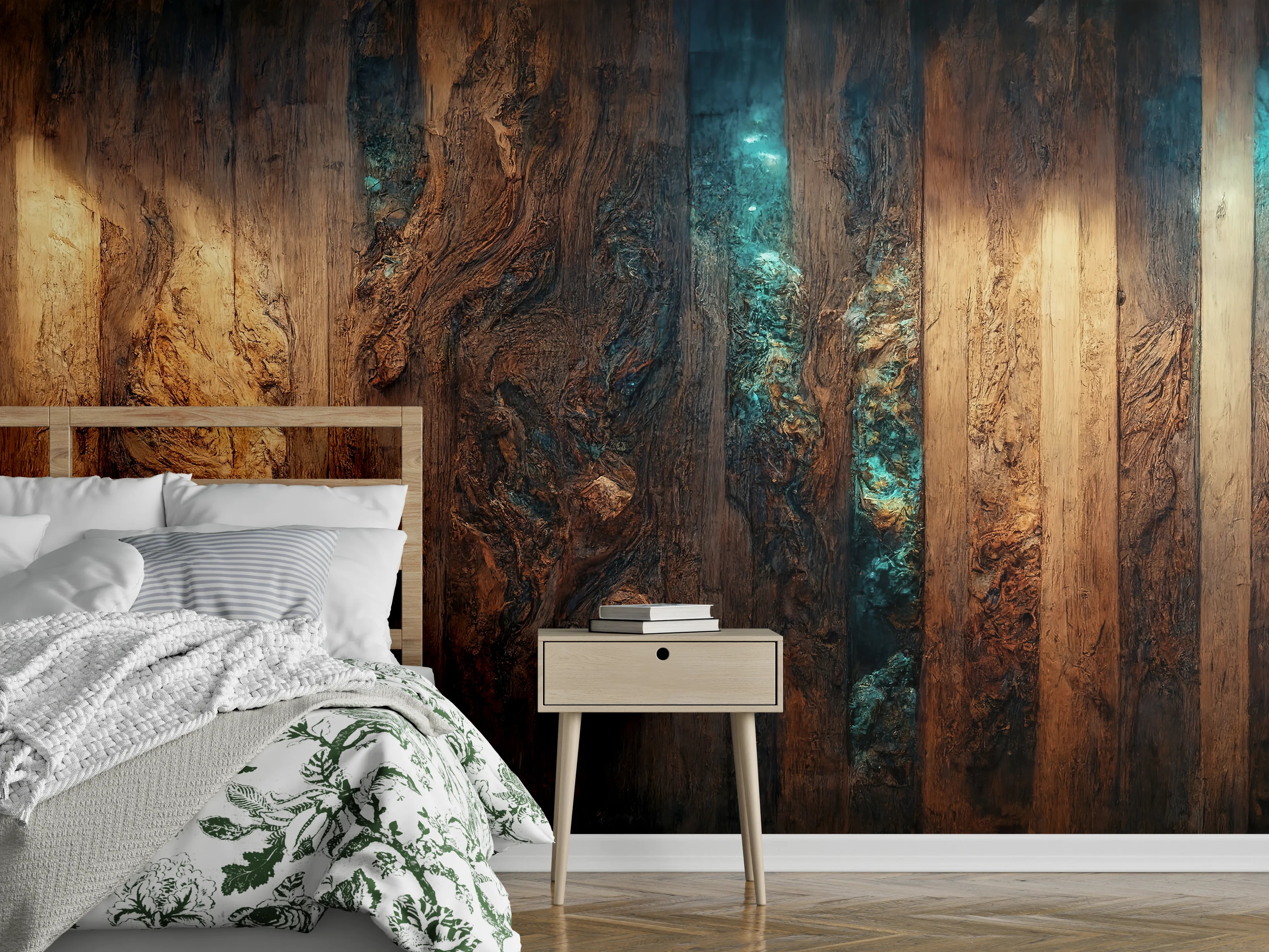 Wandverkleidung Schlafzimmer - Rustikale Holzverkleidung mit warmem Licht