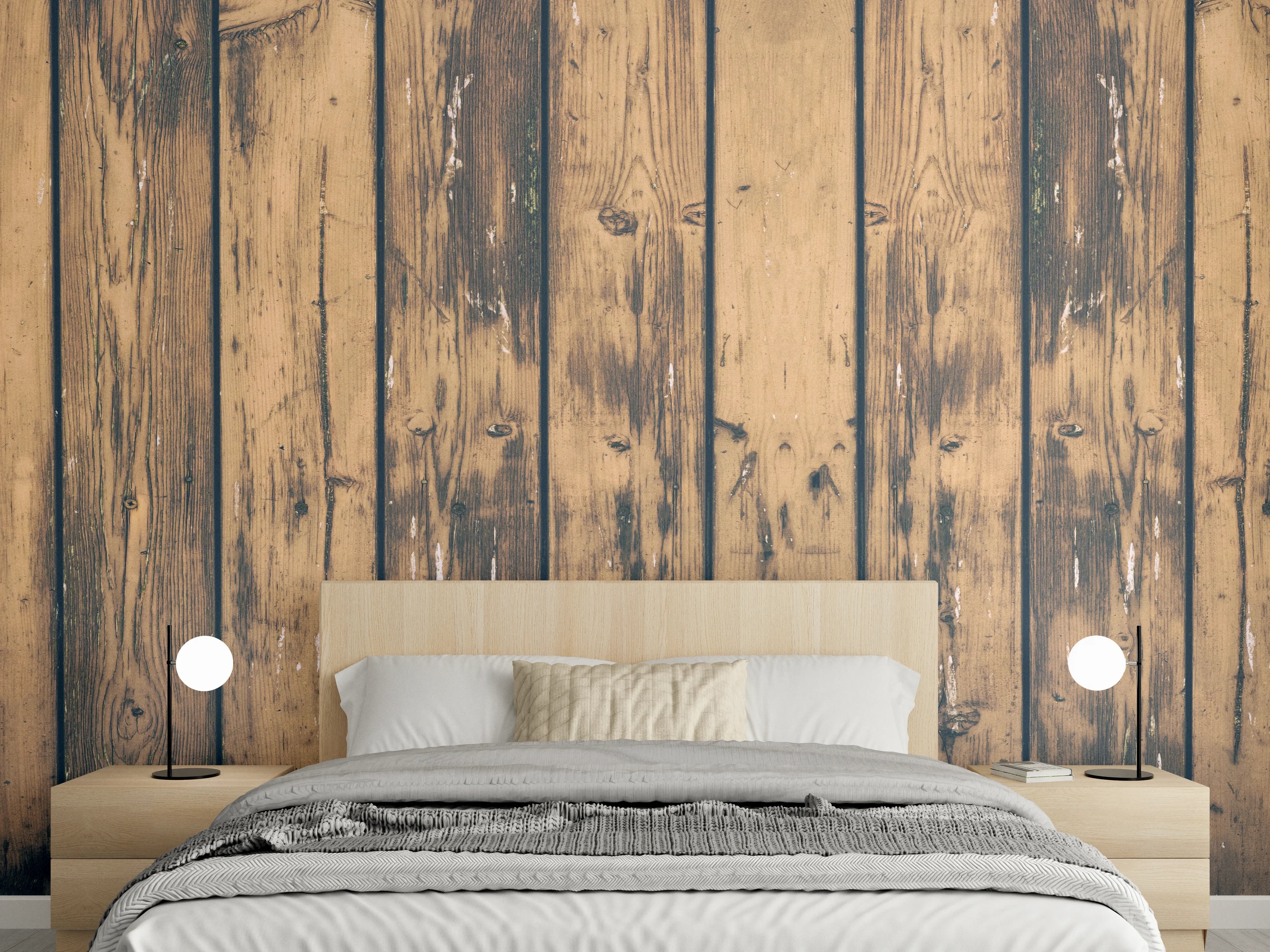Wandverkleidung Schlafzimmer - Rustikale Holzwand-Optik in warmen Braun- und Beigetönen