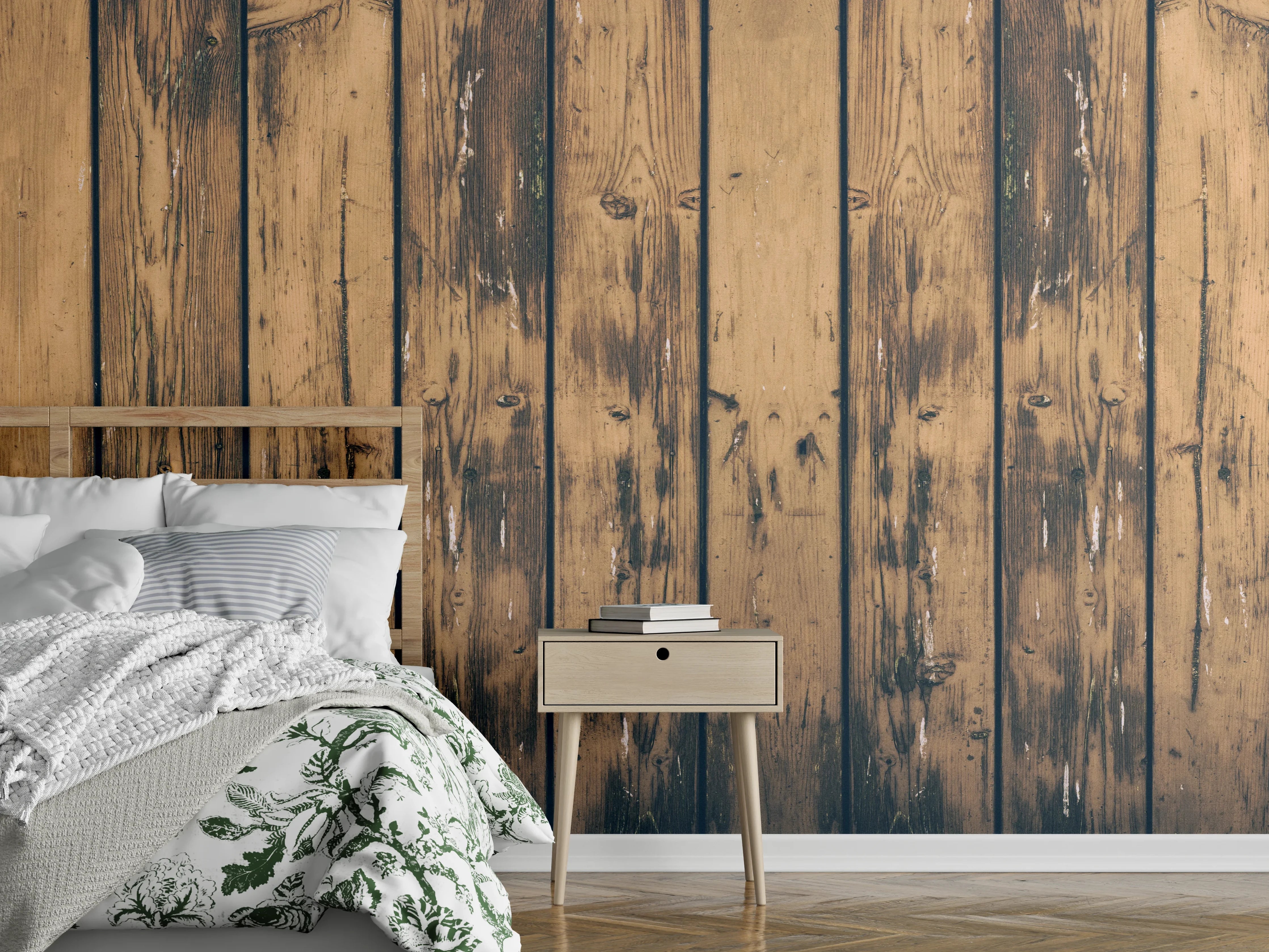 Wandverkleidung Schlafzimmer - Rustikale Holzwand-Optik in warmen Braun- und Beigetönen