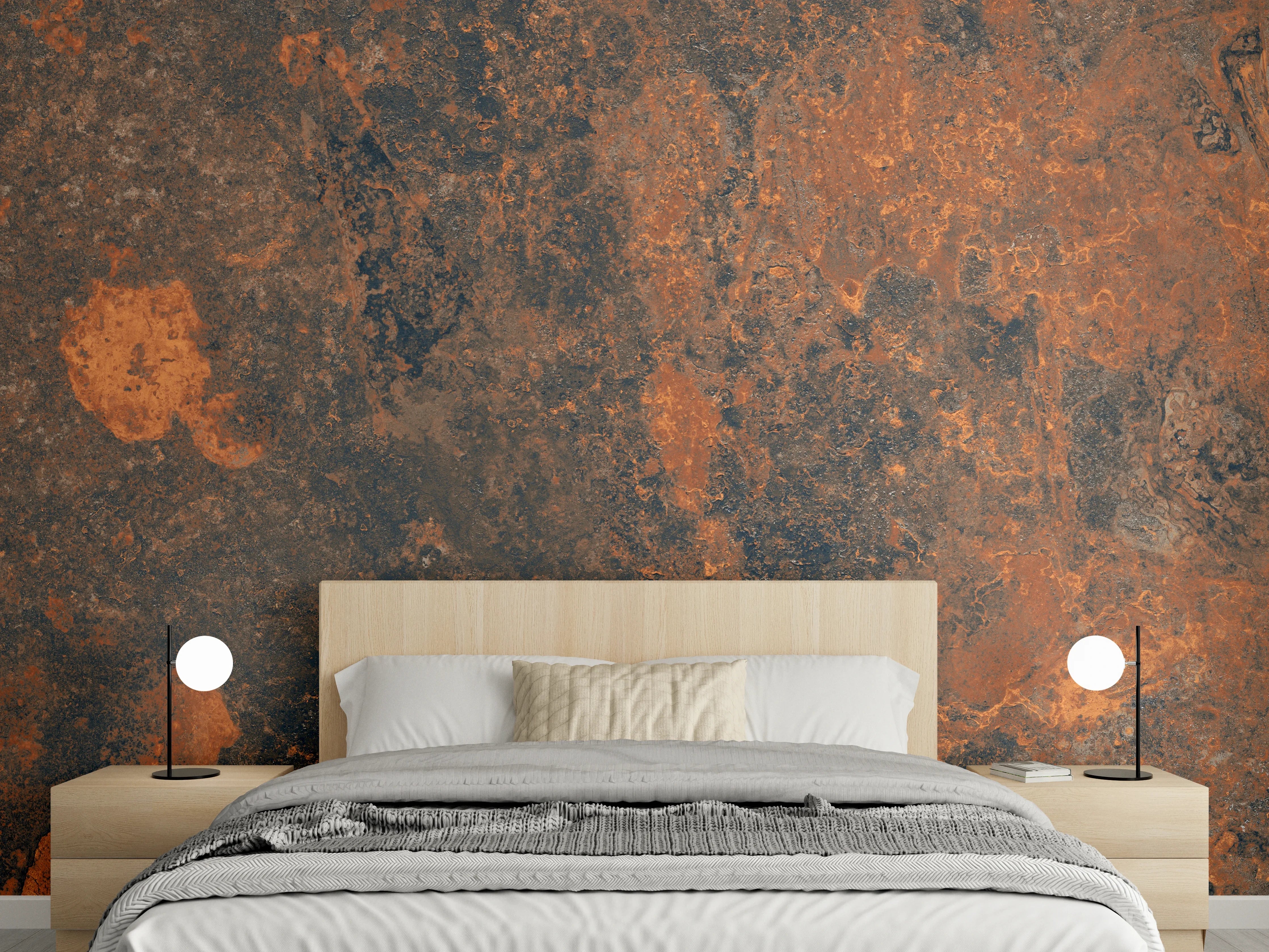 Wandverkleidung Schlafzimmer - Rustikale Rost-Textur mit Braun- und Orangetönen