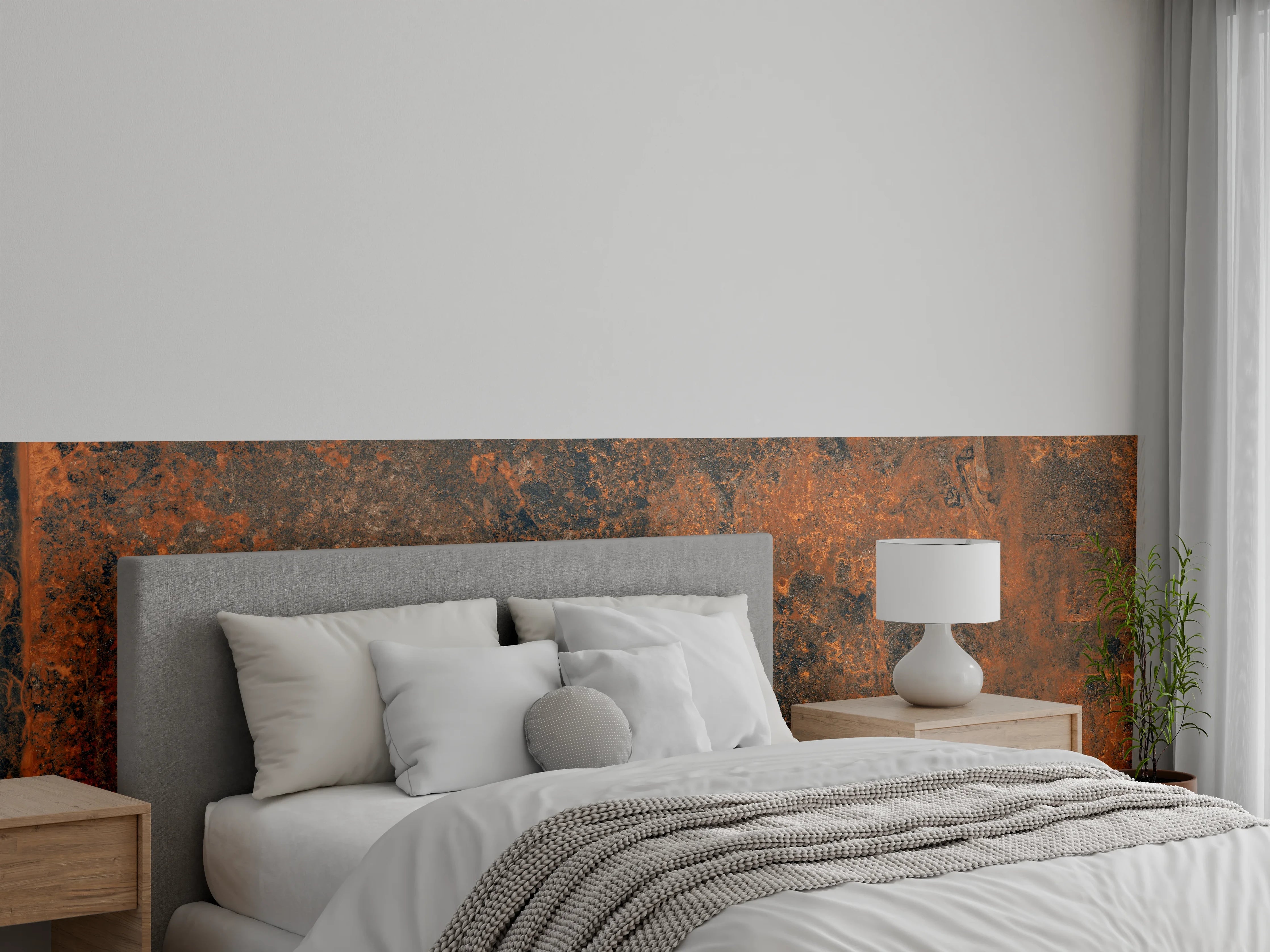 Wandverkleidung Schlafzimmer - Rustikale Rost-Textur mit Braun- und Orangetönen