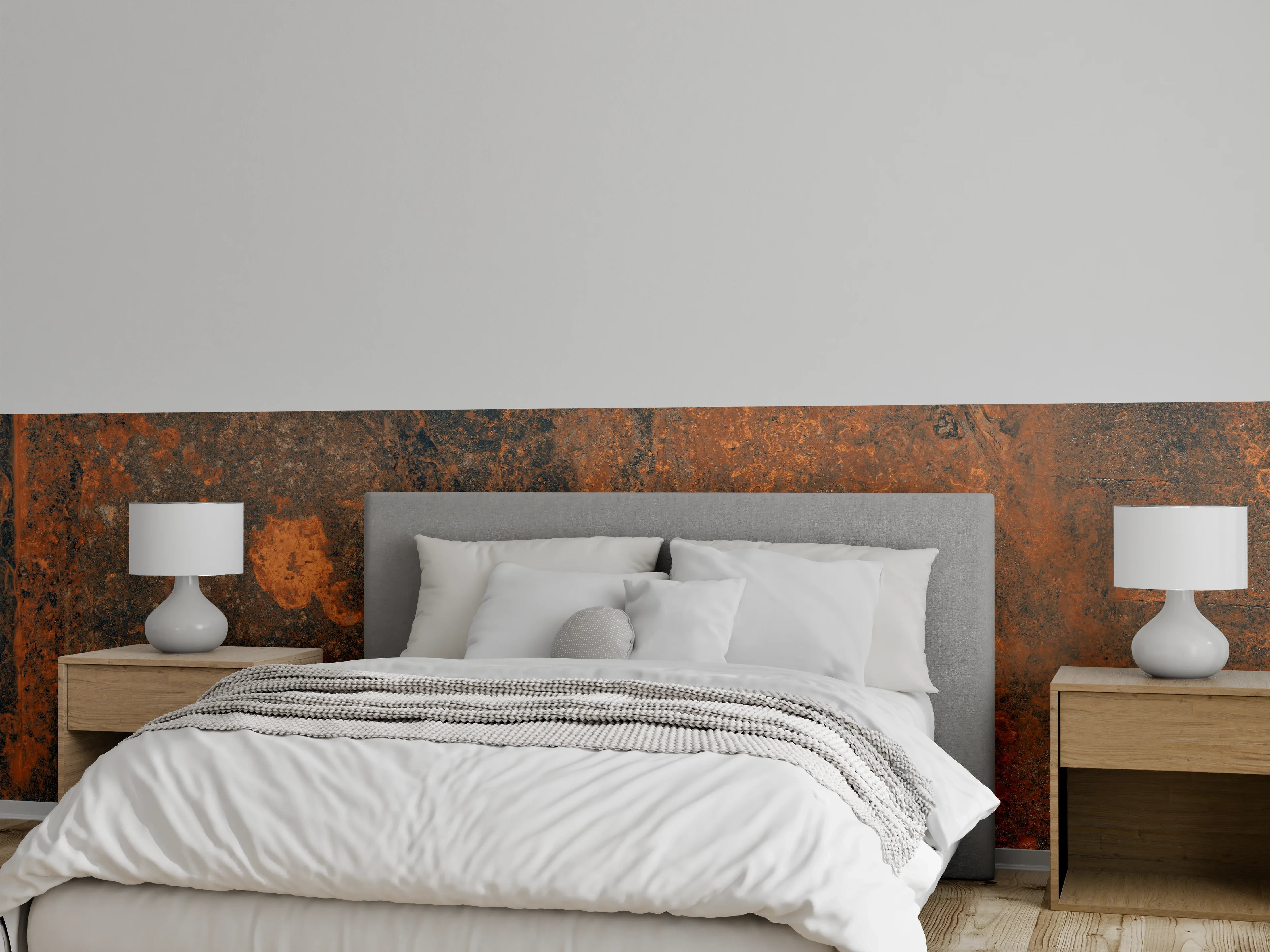 Wandverkleidung Schlafzimmer - Rustikale Rost-Textur mit Braun- und Orangetönen