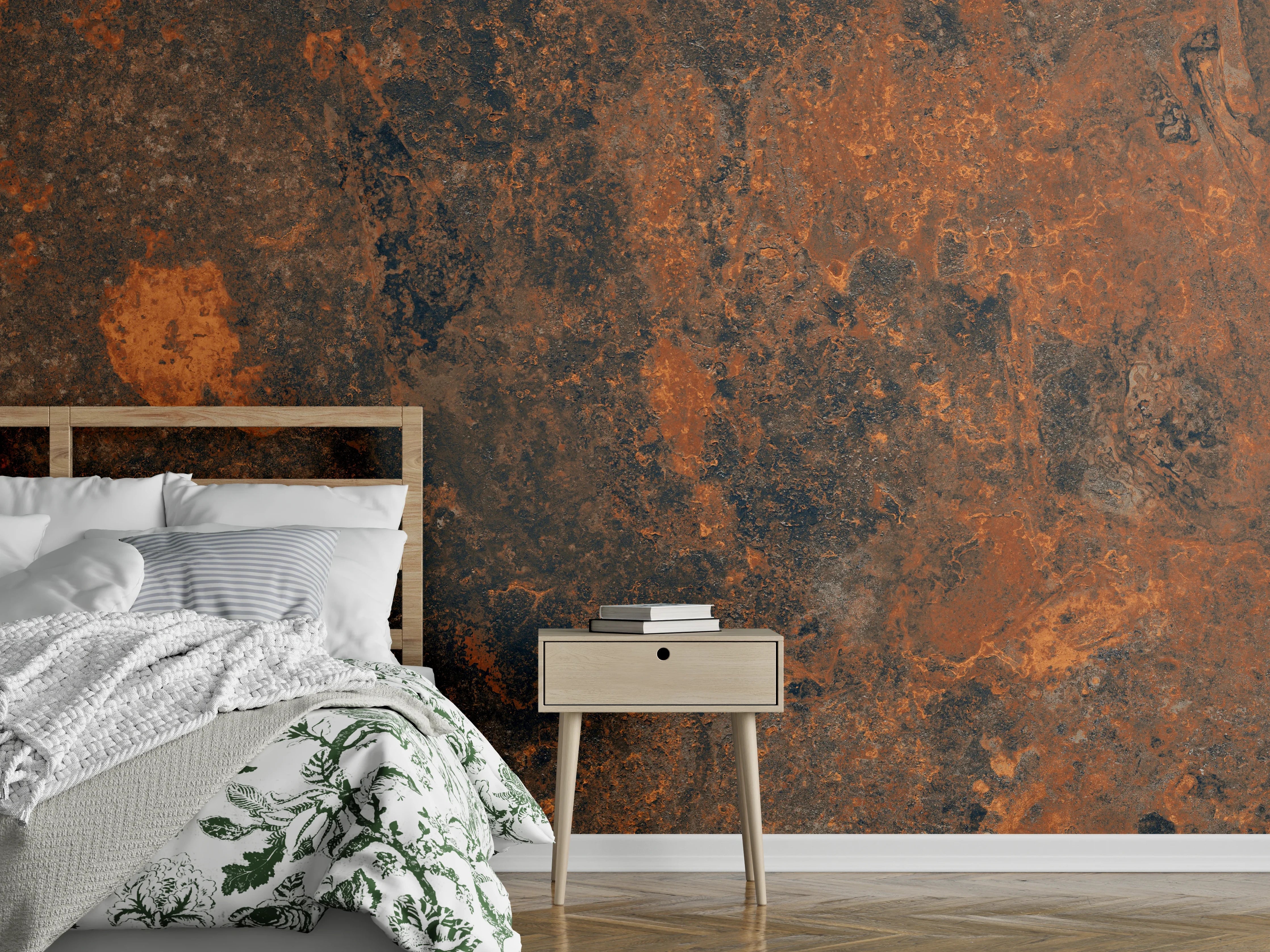 Wandverkleidung Schlafzimmer - Rustikale Rost-Textur mit Braun- und Orangetönen