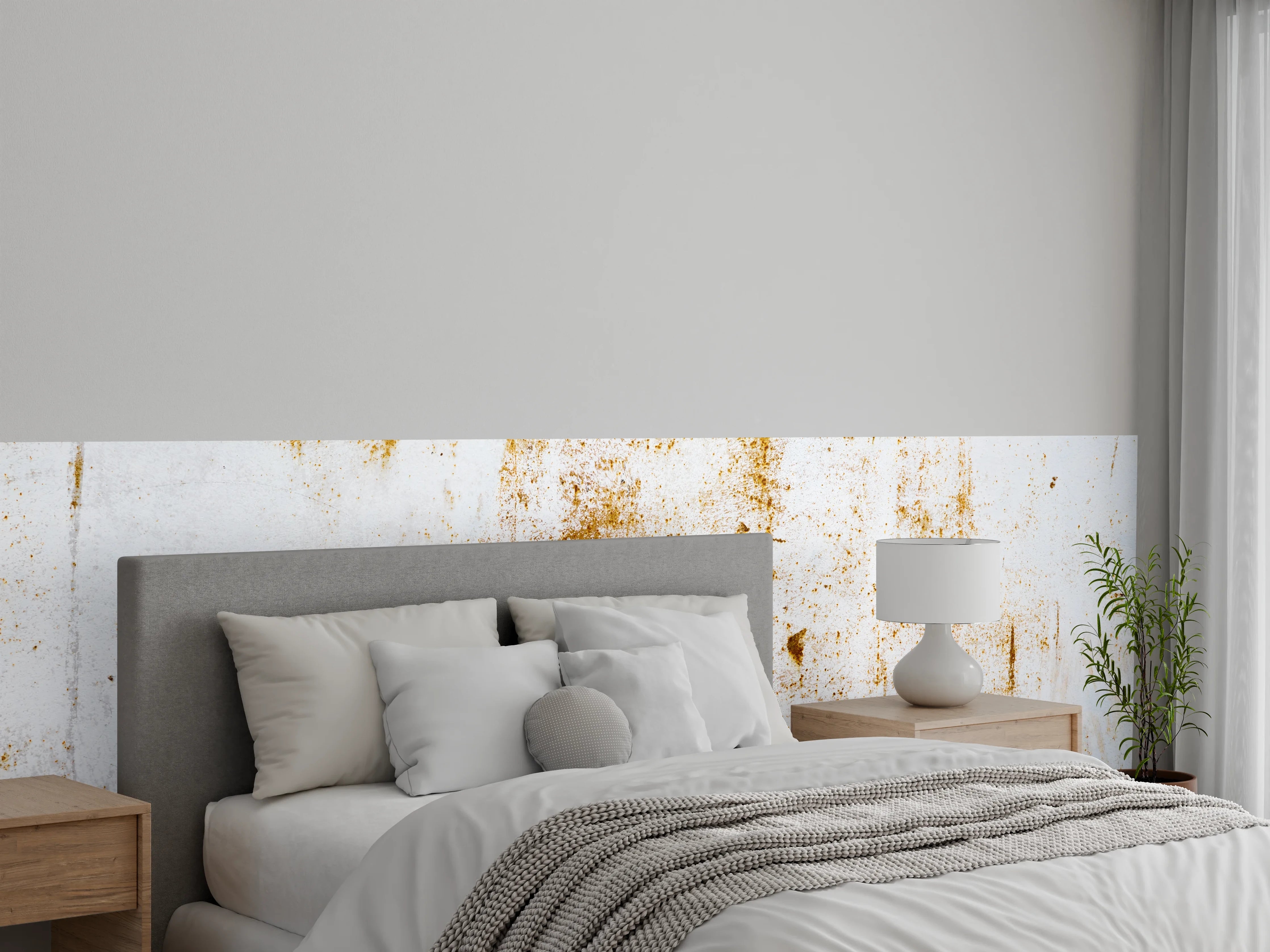 Wandverkleidung Schlafzimmer - Rustikale Weißwand mit Rost-Patina-Effekt