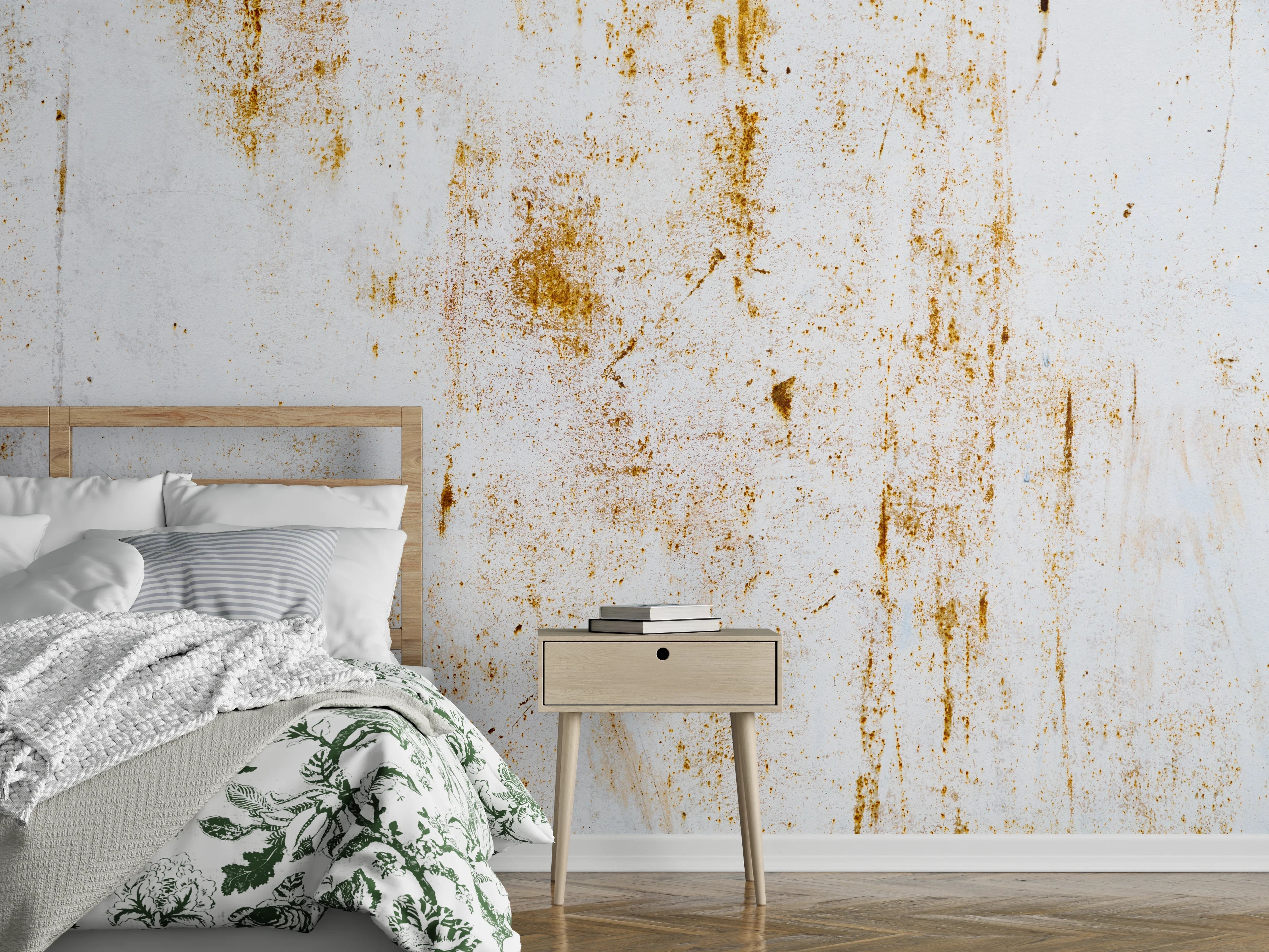 Wandverkleidung Schlafzimmer - Rustikale Weißwand mit Rost-Patina-Effekt