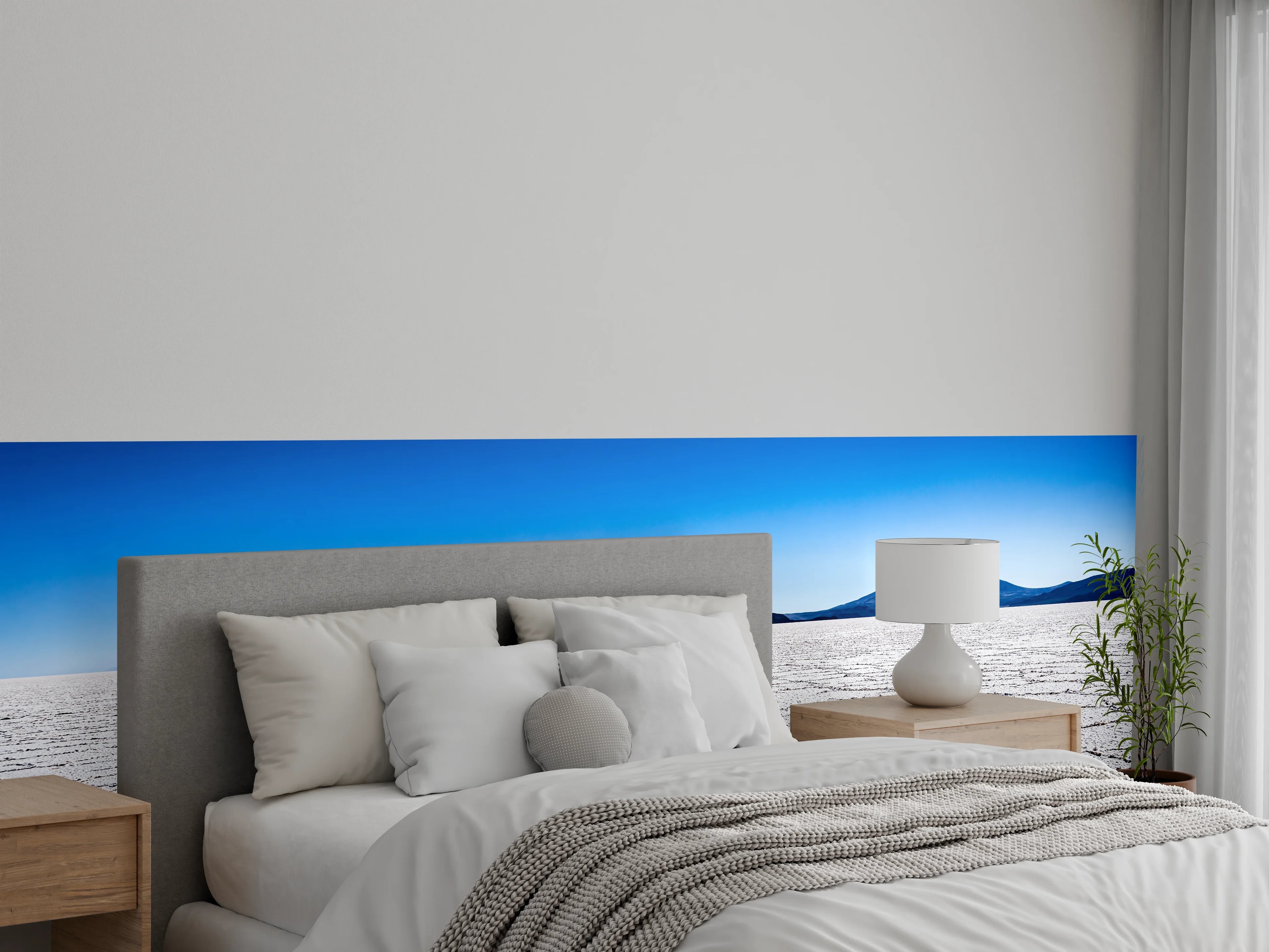 Wandverkleidung Schlafzimmer - Salzsee Panorama mit Bergen, Weiß-Blau