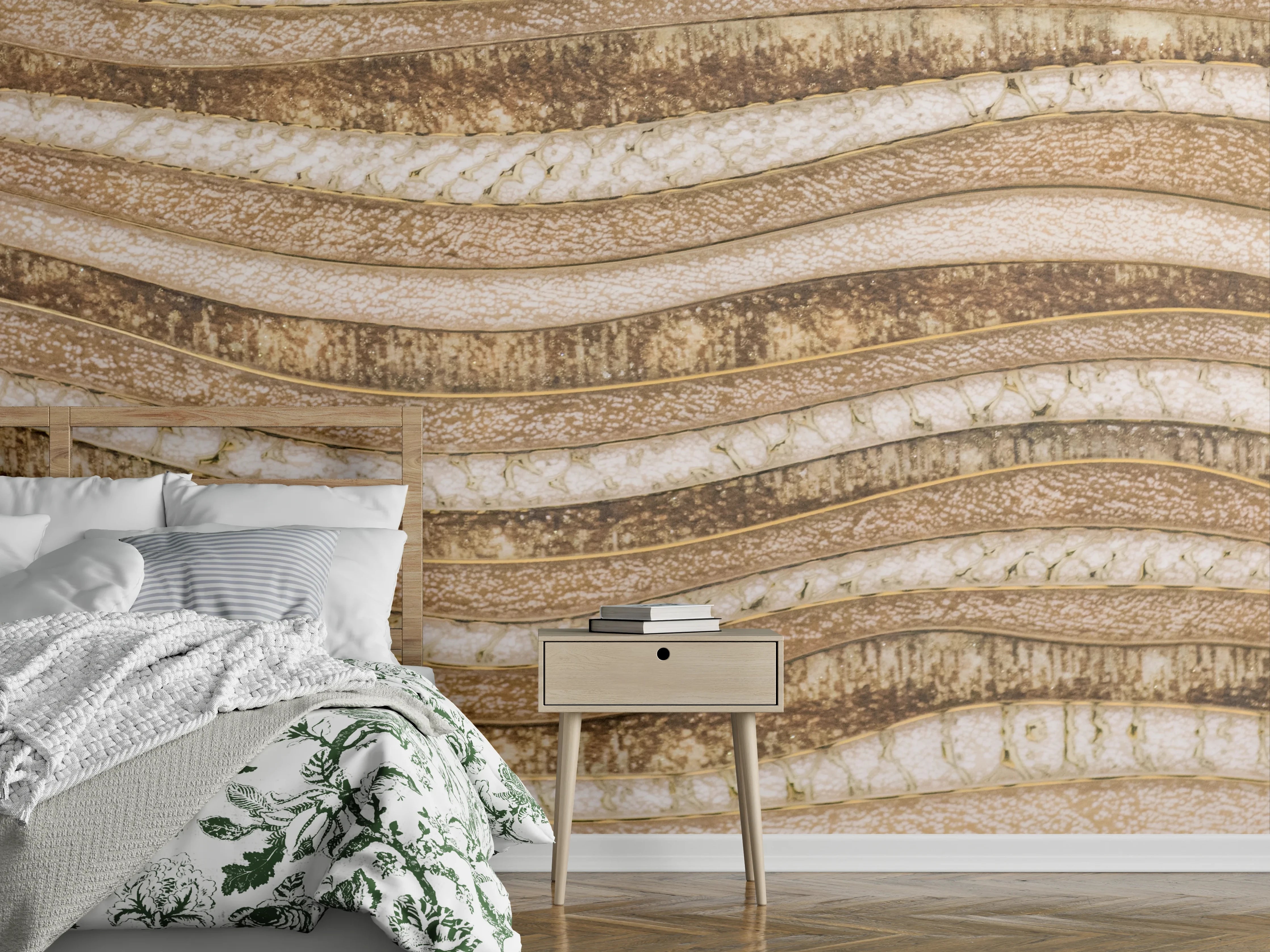 Wandverkleidung Schlafzimmer - Sandfarbene Wellenstruktur, Naturmuster modern