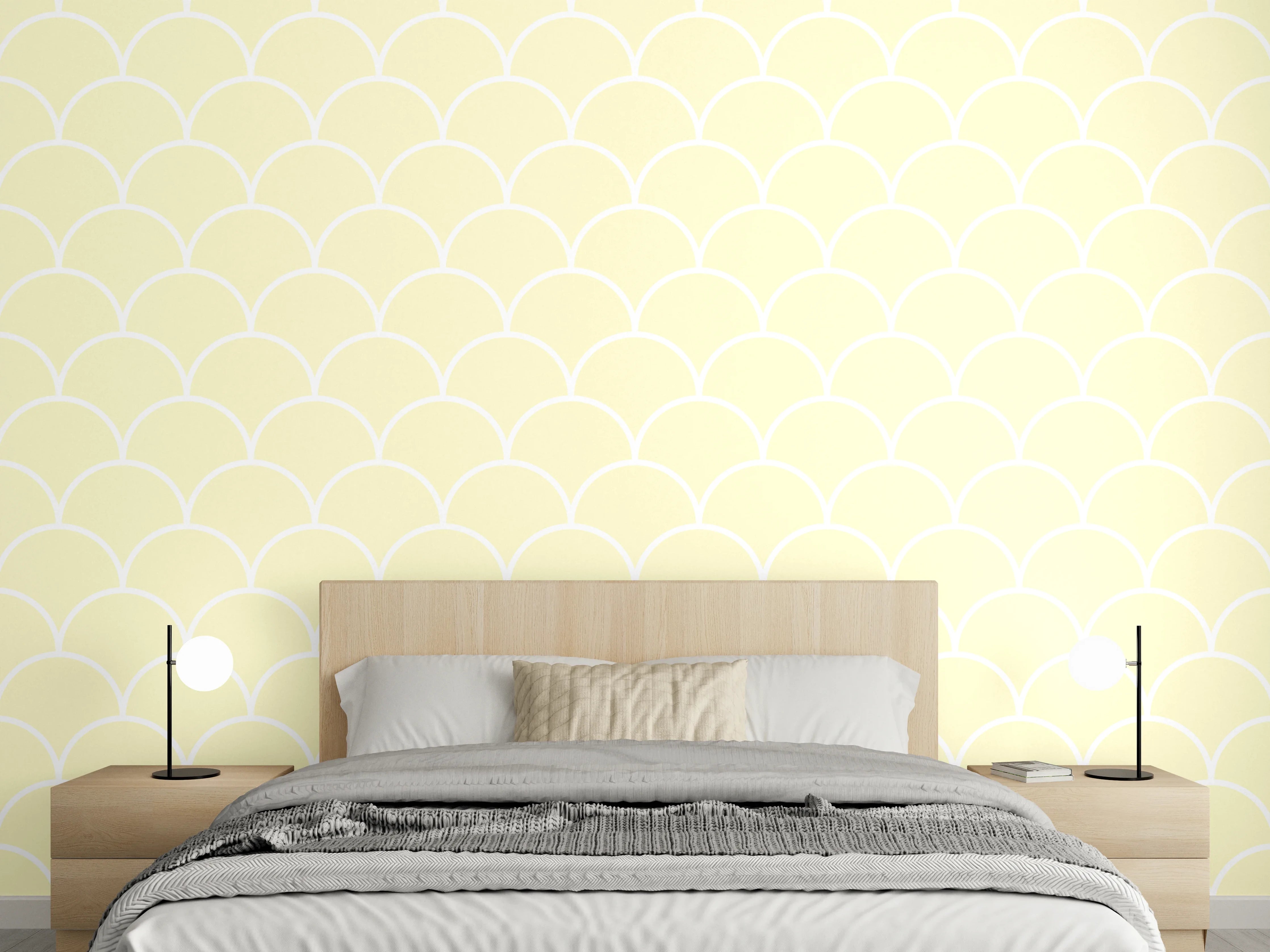 Wandverkleidung Schlafzimmer - Sanft gelbes Fischschuppen-Muster modern
