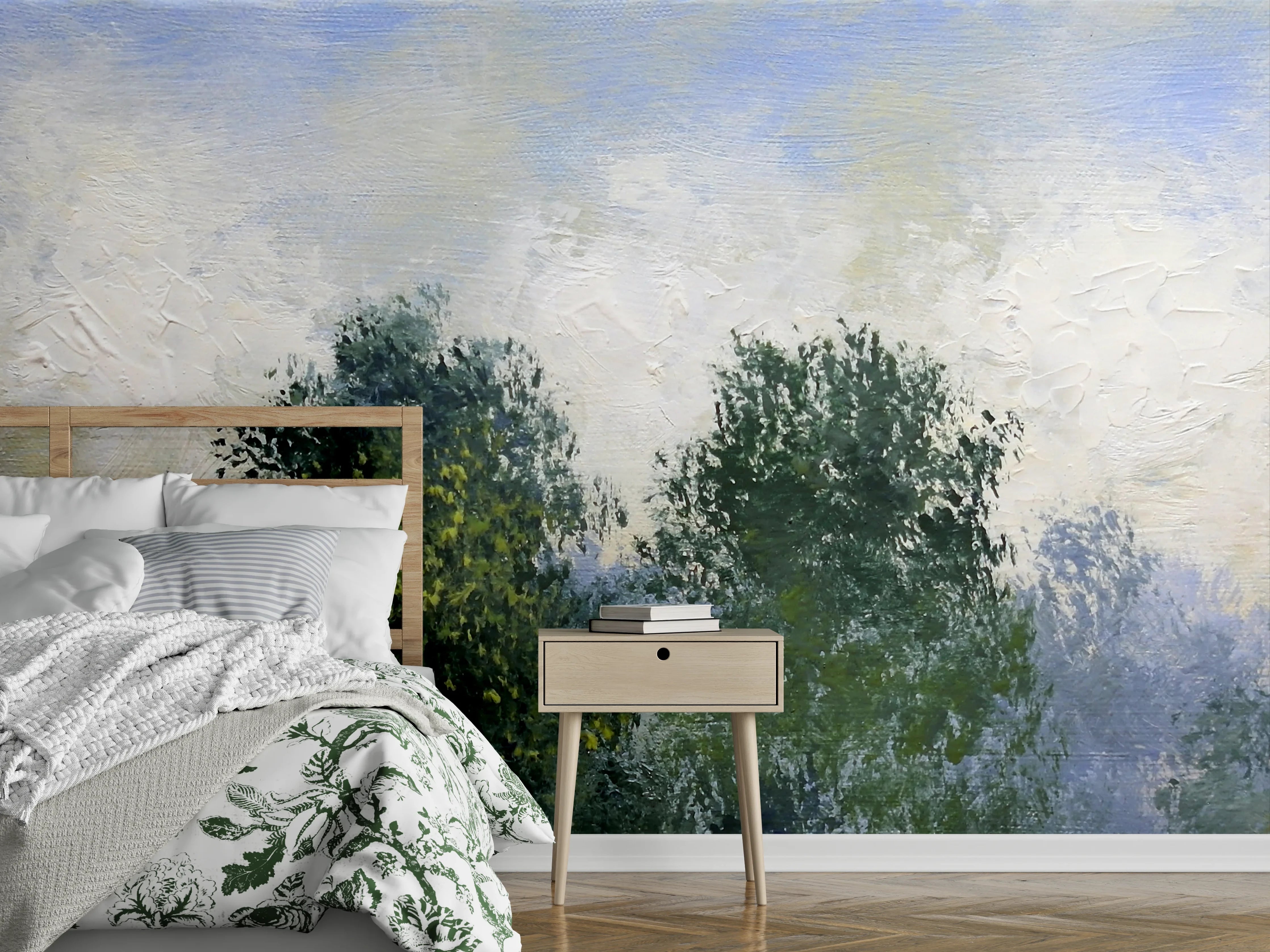 Wandverkleidung Schlafzimmer - Sanfte Bäume im Nebel Panorama