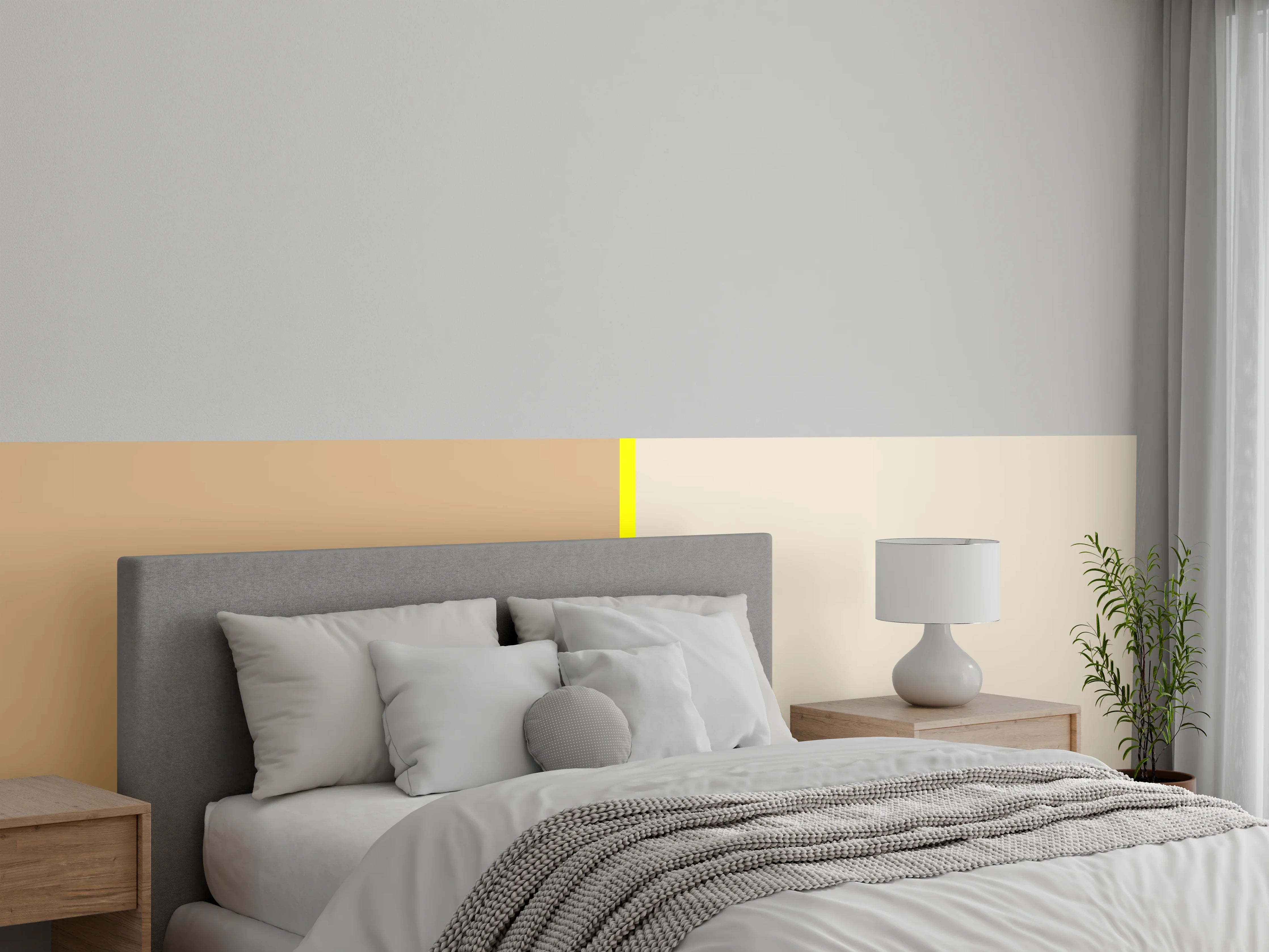 Wandverkleidung Schlafzimmer - Sanfte Beige-Töne mit gelber Akzentlinie