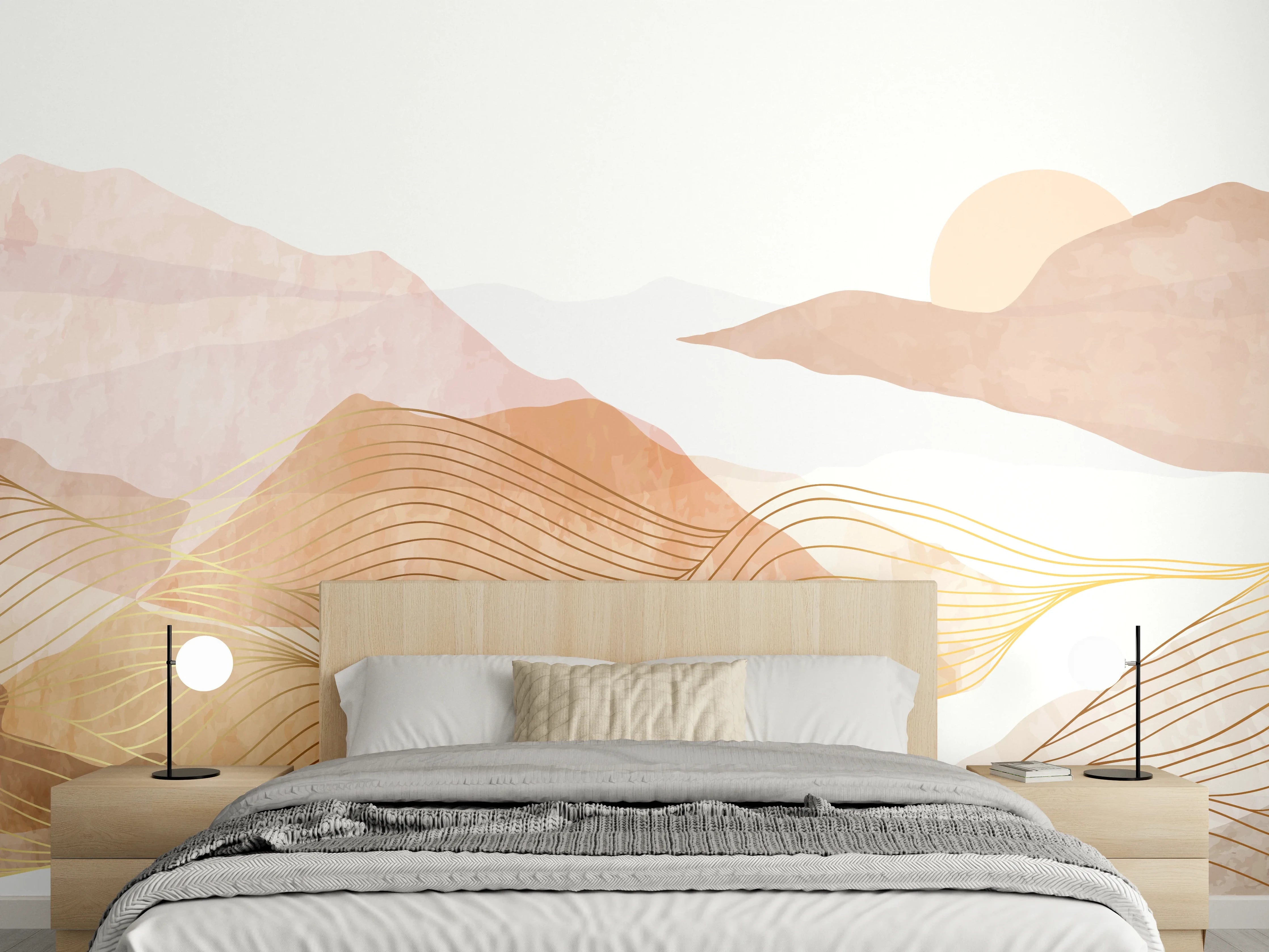 Wandverkleidung Schlafzimmer - Sanfte Bergkulisse in zarten Grautönen