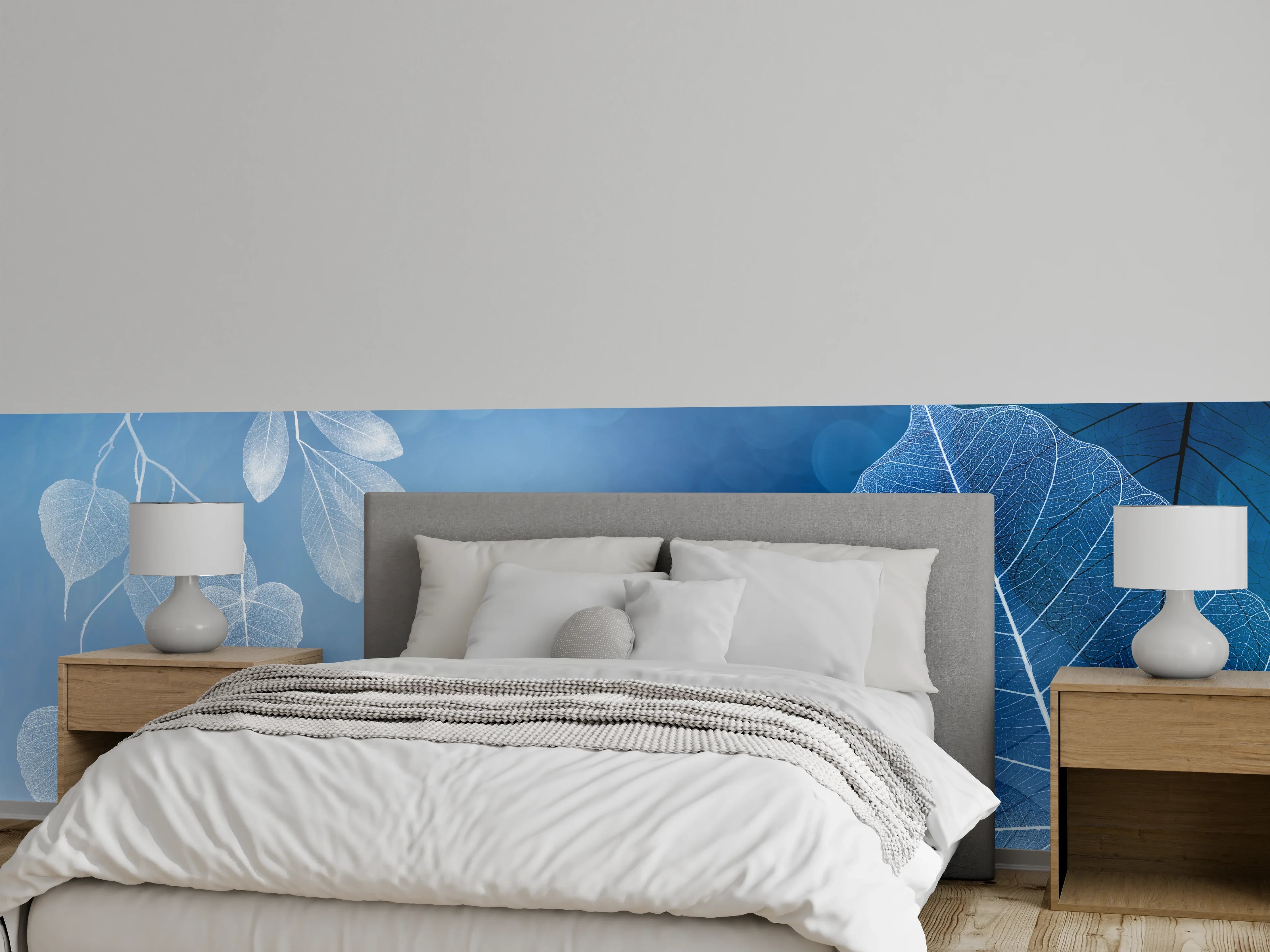 Wandverkleidung Schlafzimmer - Sanfte Blätter in Blau und Weiß
