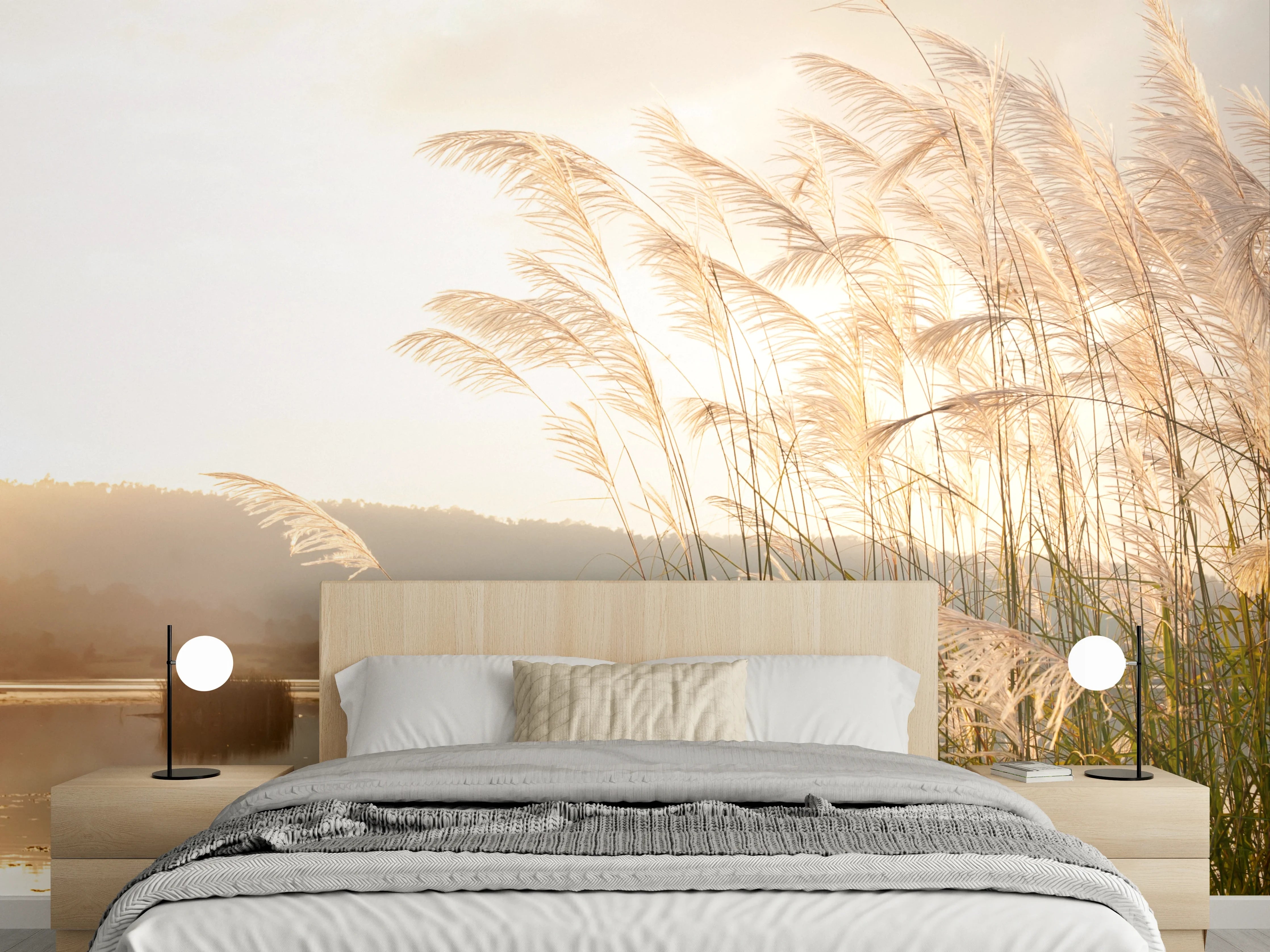 Wandverkleidung Schlafzimmer - Sanfte Gräser am Seeufer Sonnenaufgang