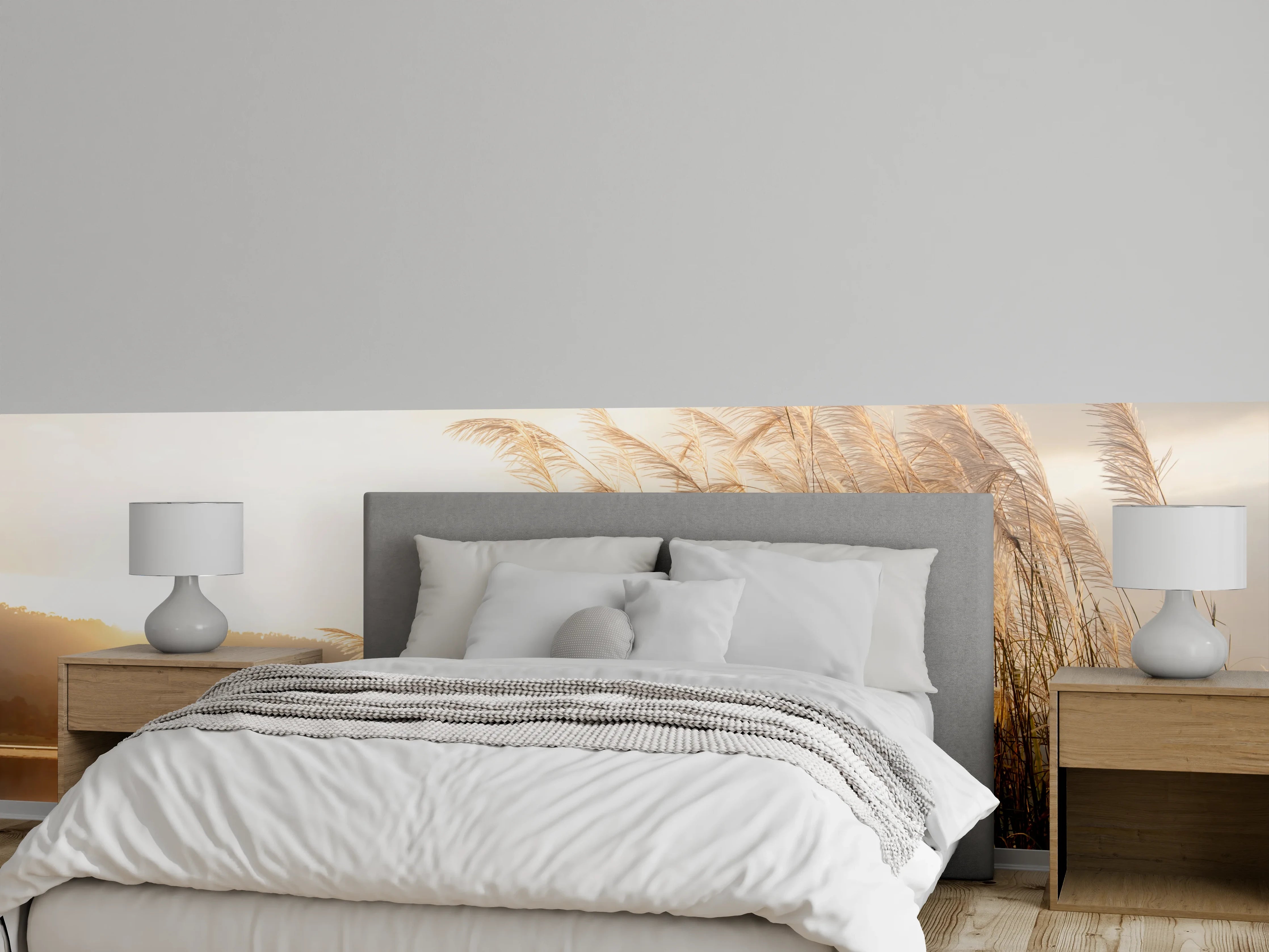 Wandverkleidung Schlafzimmer - Sanfte Gräser am Seeufer Sonnenaufgang