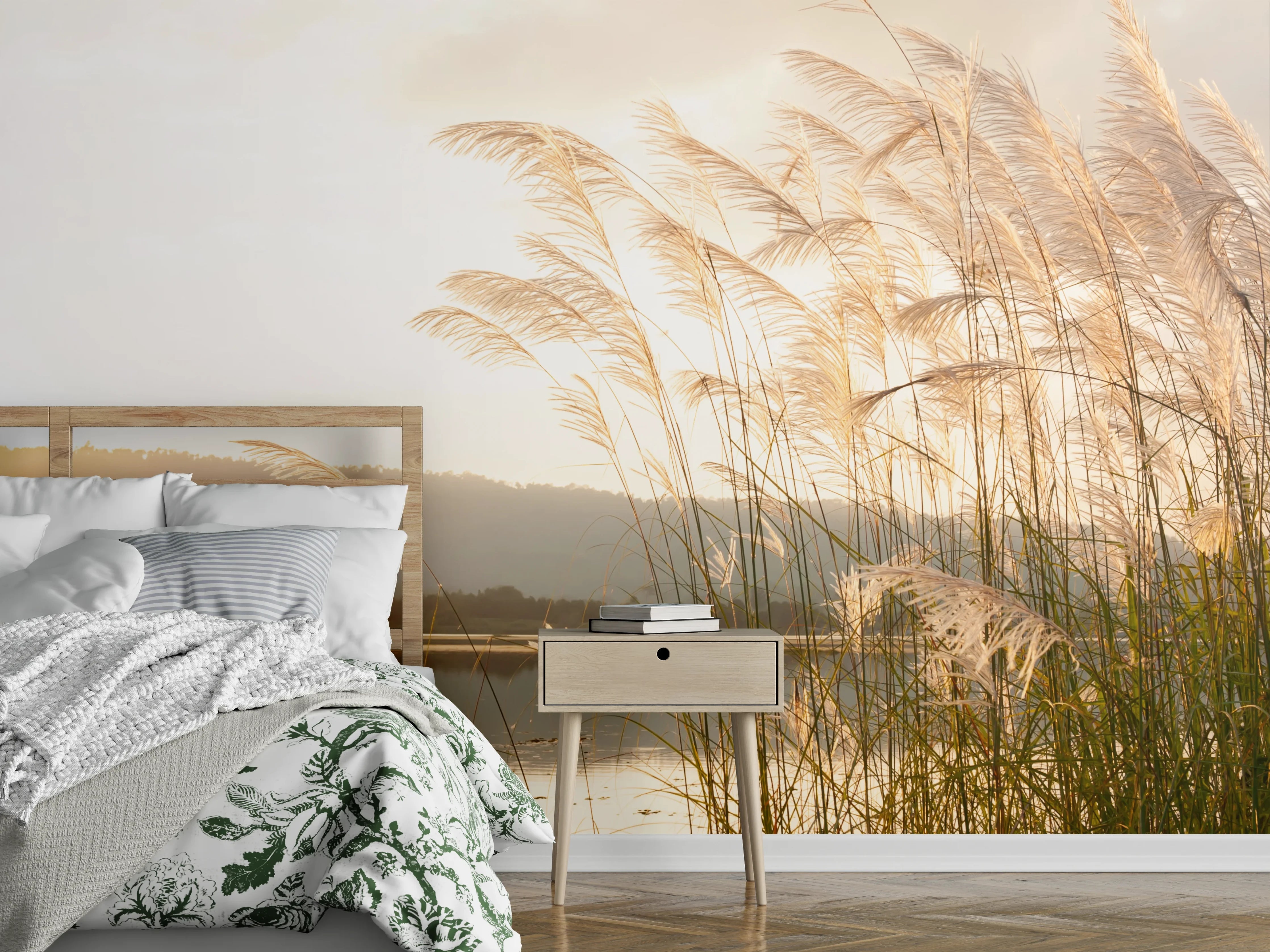 Wandverkleidung Schlafzimmer - Sanfte Gräser am Seeufer Sonnenaufgang