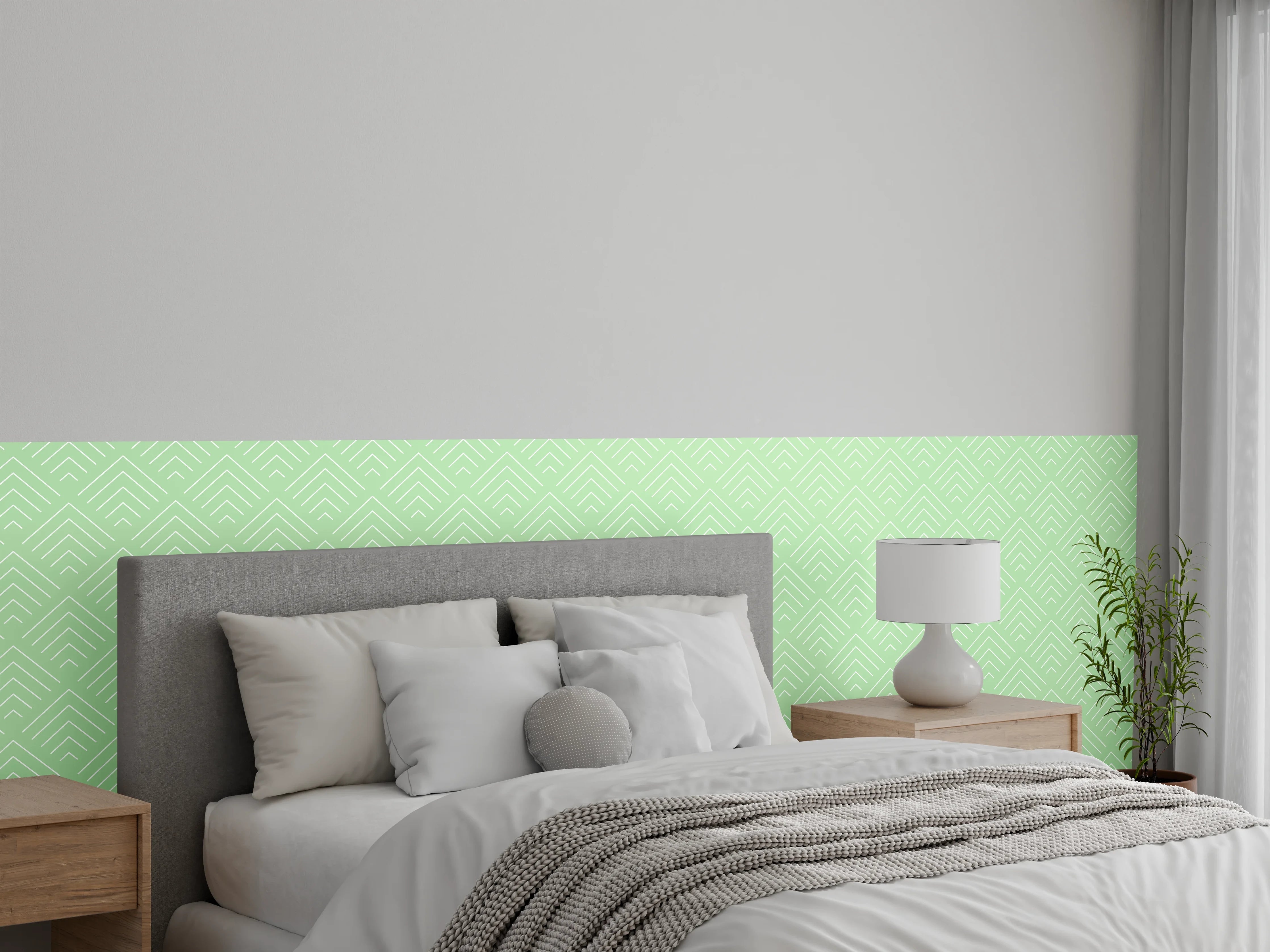 Wandverkleidung Schlafzimmer - Sanfte Grautöne auf weiß-grüner Geometrie