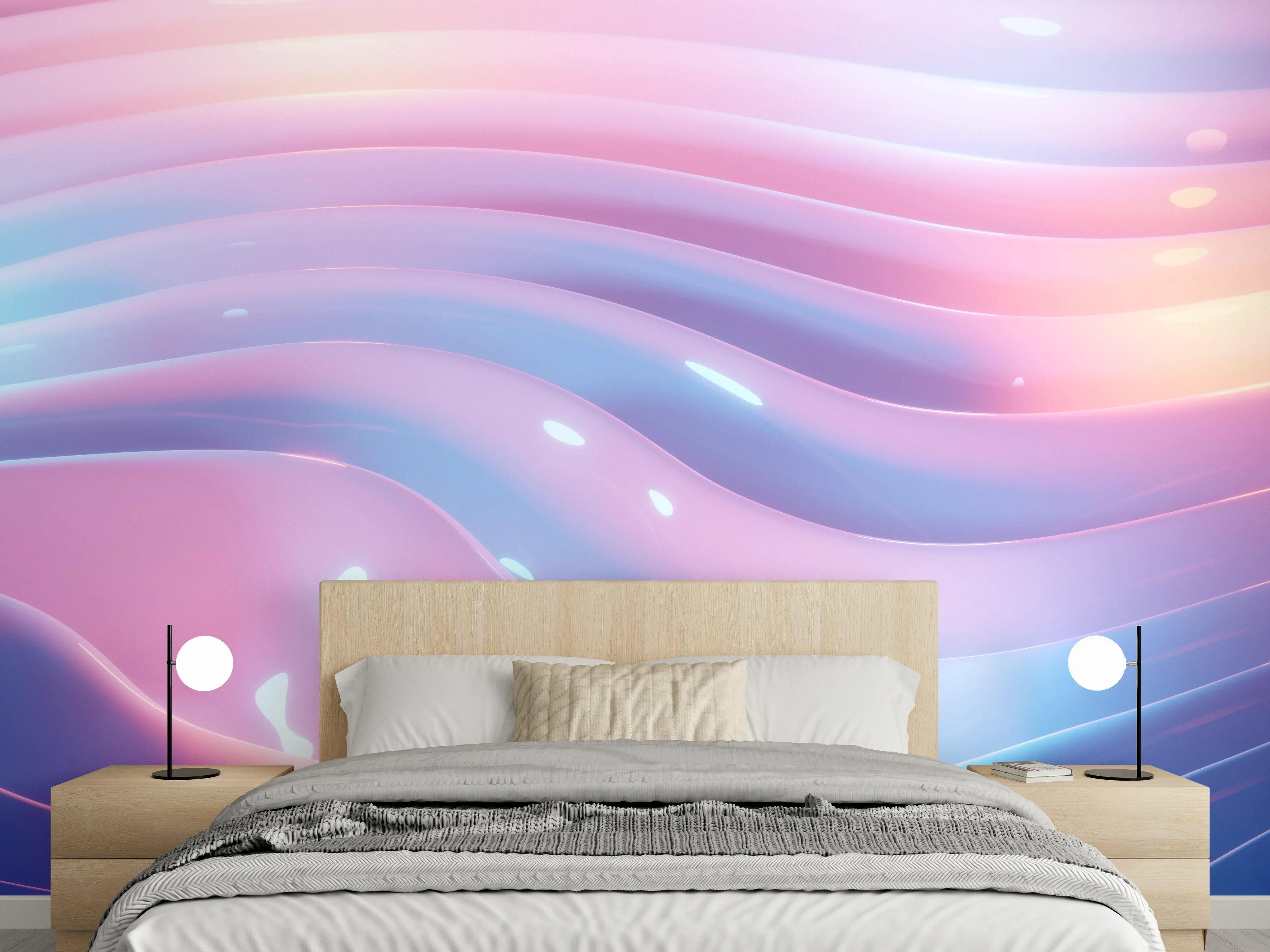 Wandverkleidung Schlafzimmer - Sanfte Grauwellen auf weißem Grund