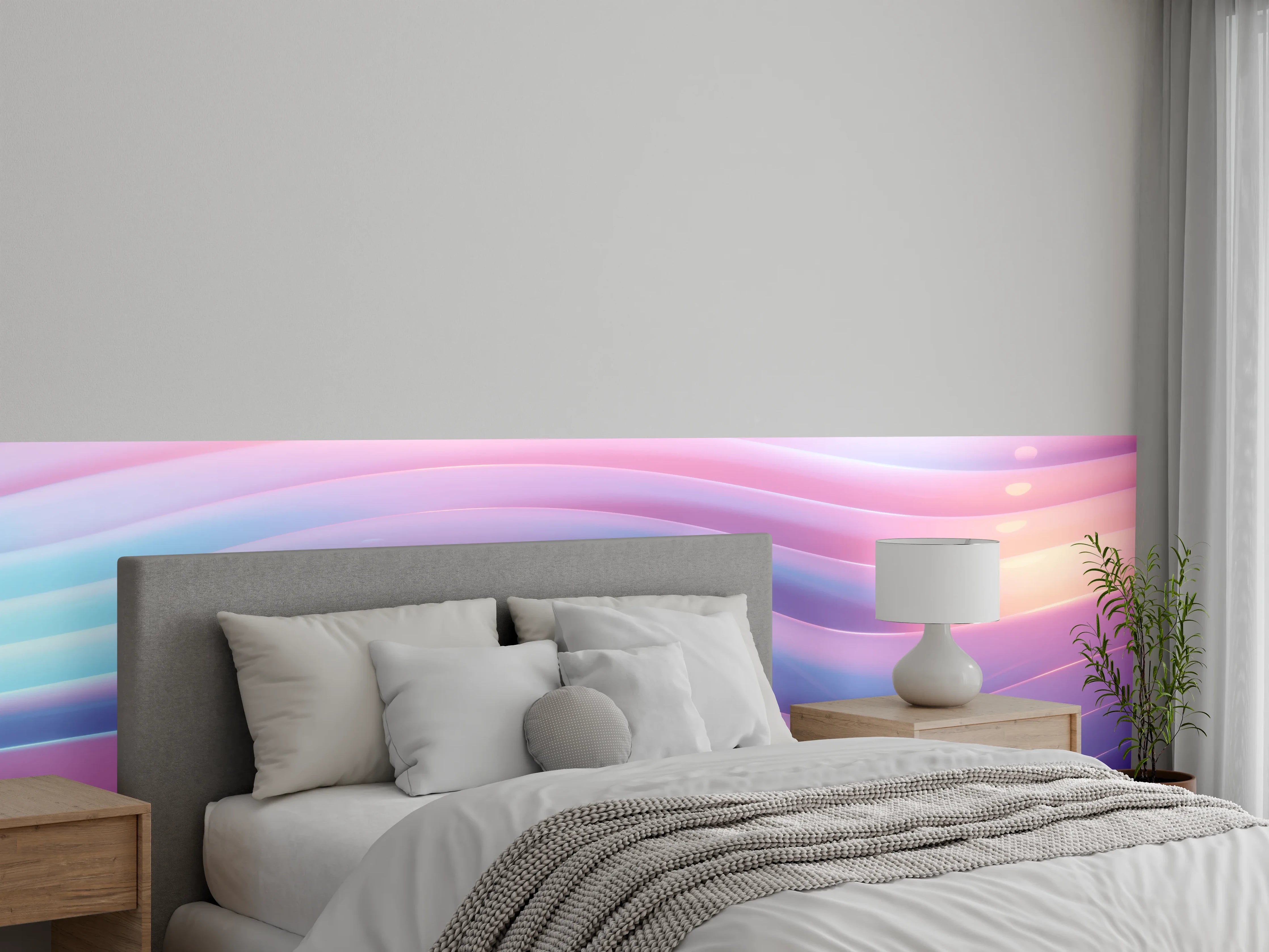 Wandverkleidung Schlafzimmer - Sanfte Grauwellen auf weißem Grund