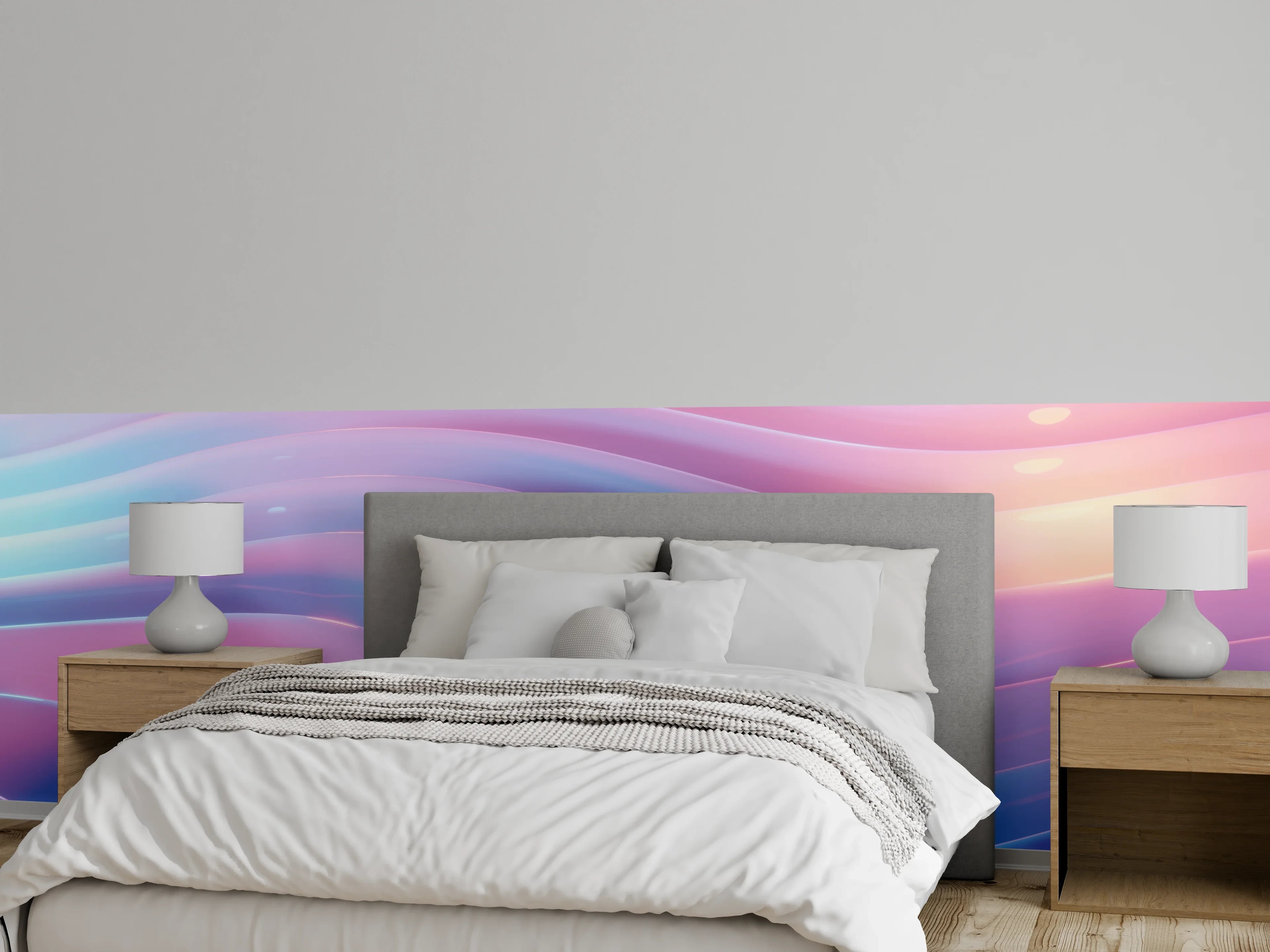 Wandverkleidung Schlafzimmer - Sanfte Grauwellen auf weißem Grund
